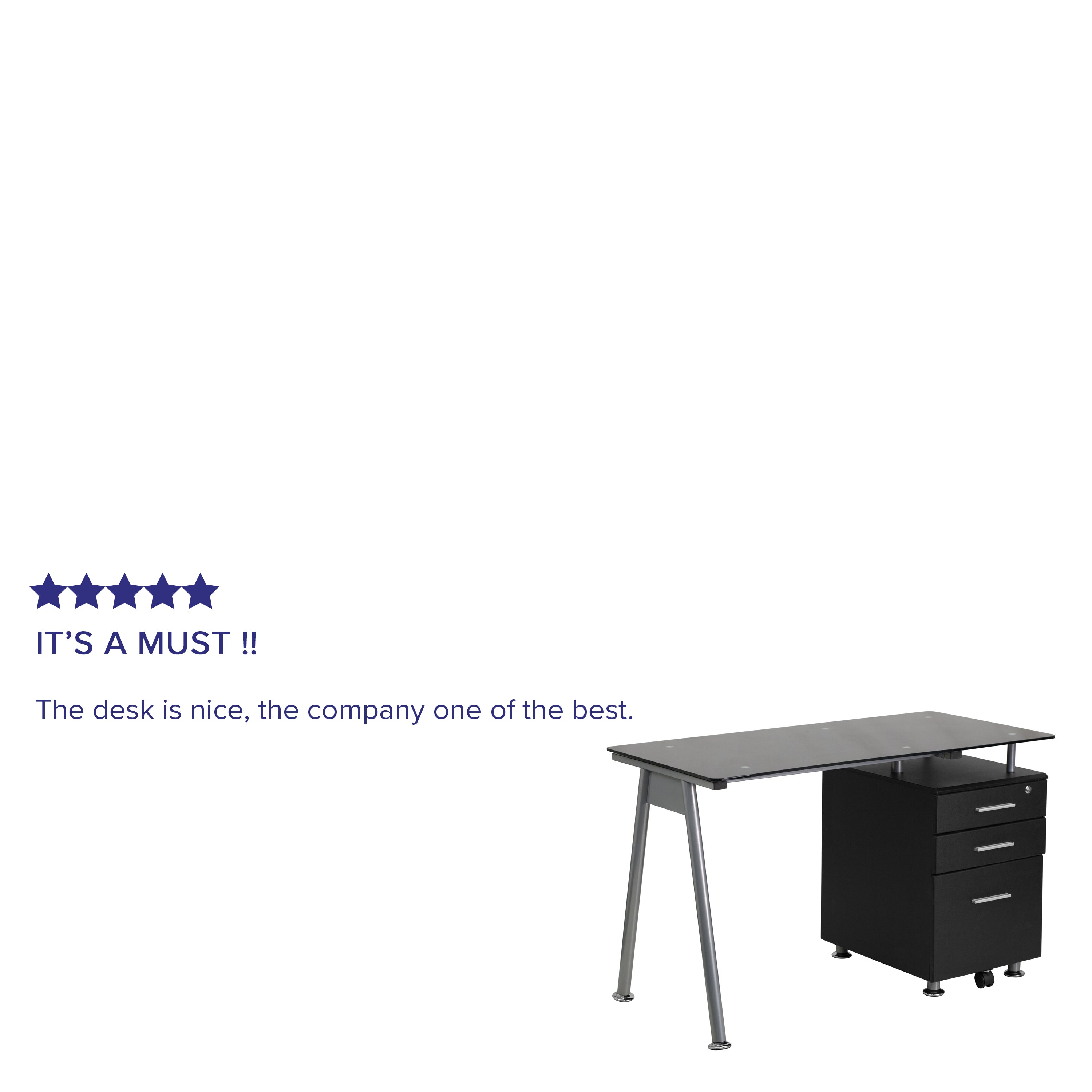 Singleton Black Glass Computer Desk with Three Drawer Pedestal