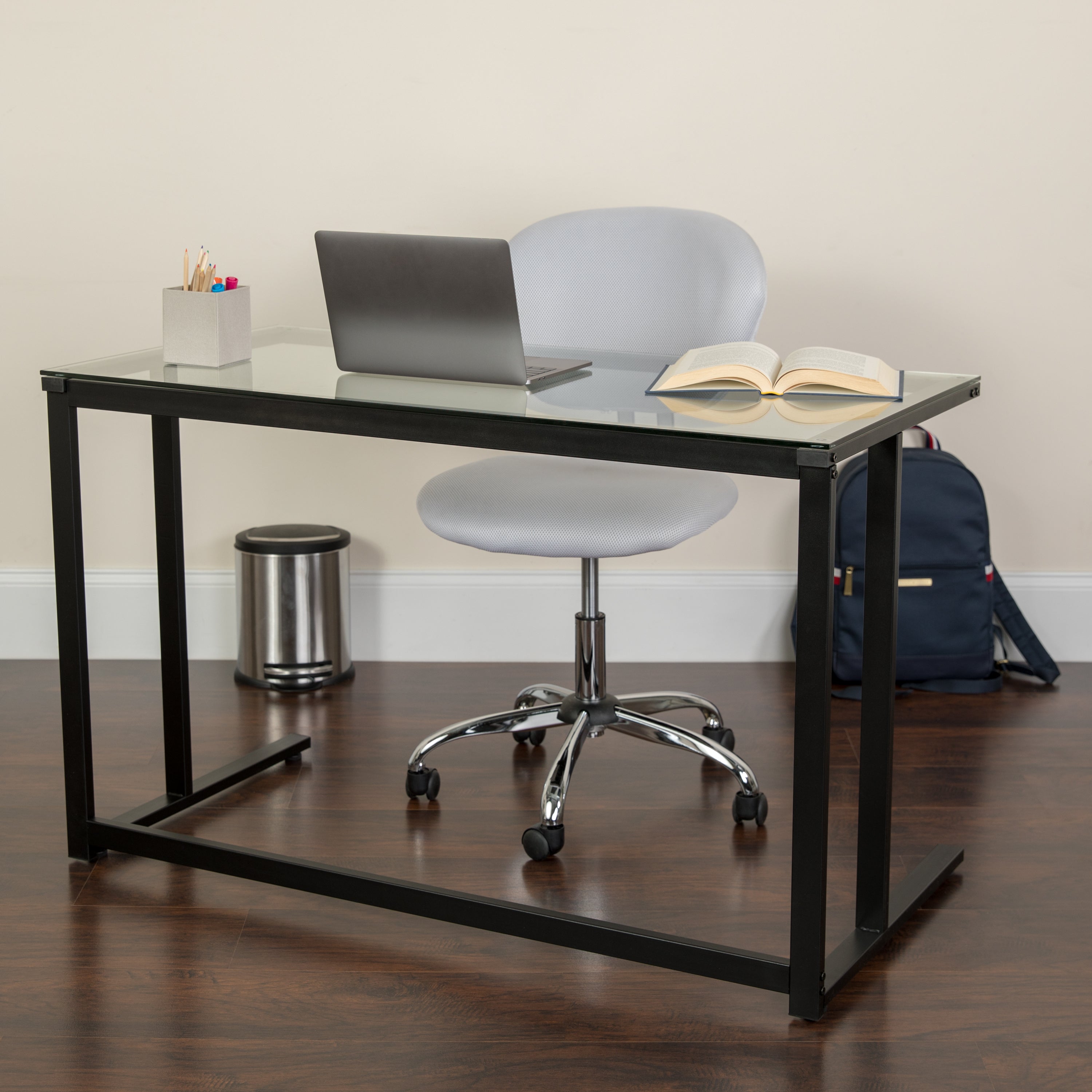 Singleton Glass Desk with Black Pedestal Metal Frame