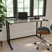 Singleton Glass Desk with Black Pedestal Metal Frame