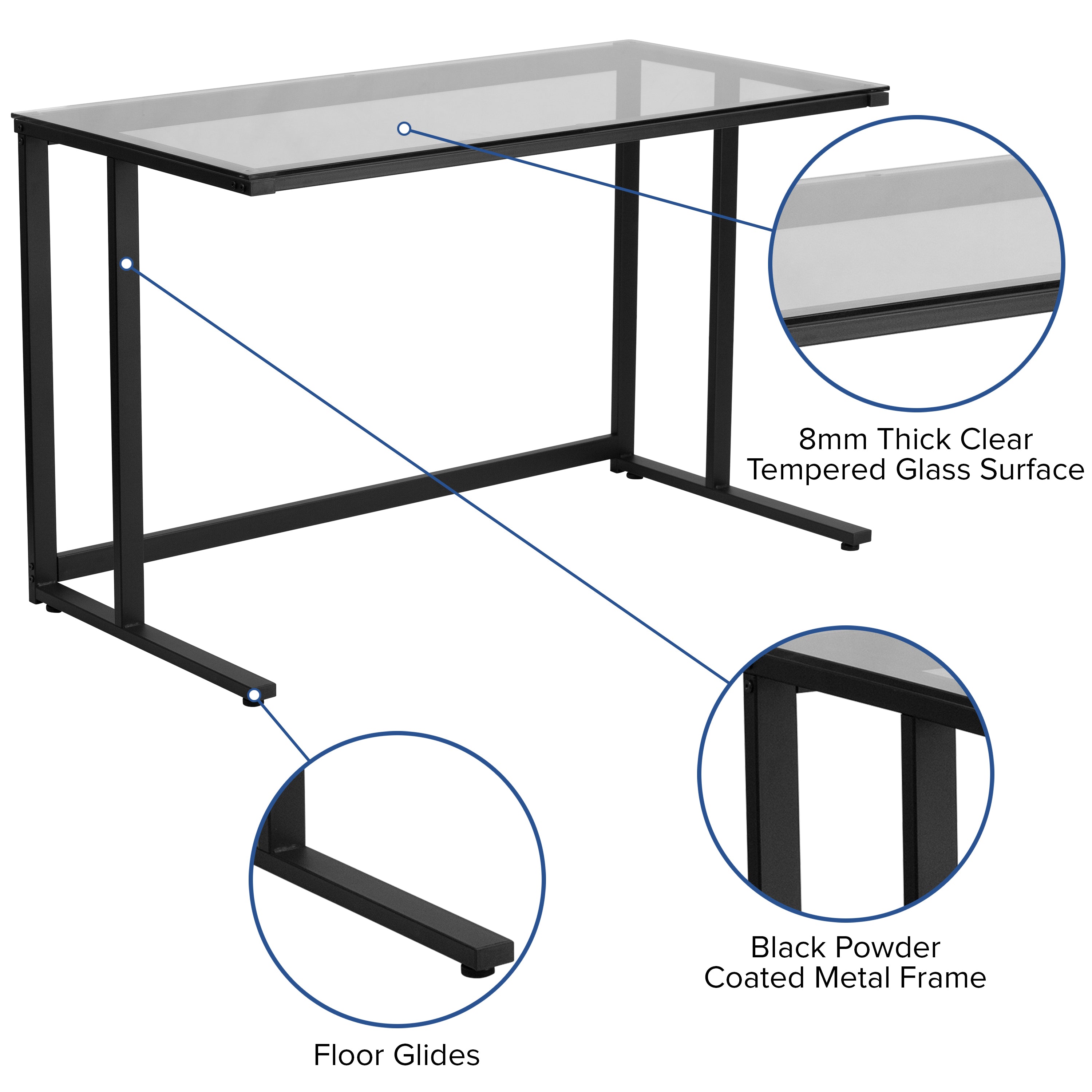 Singleton Glass Desk with Black Pedestal Metal Frame