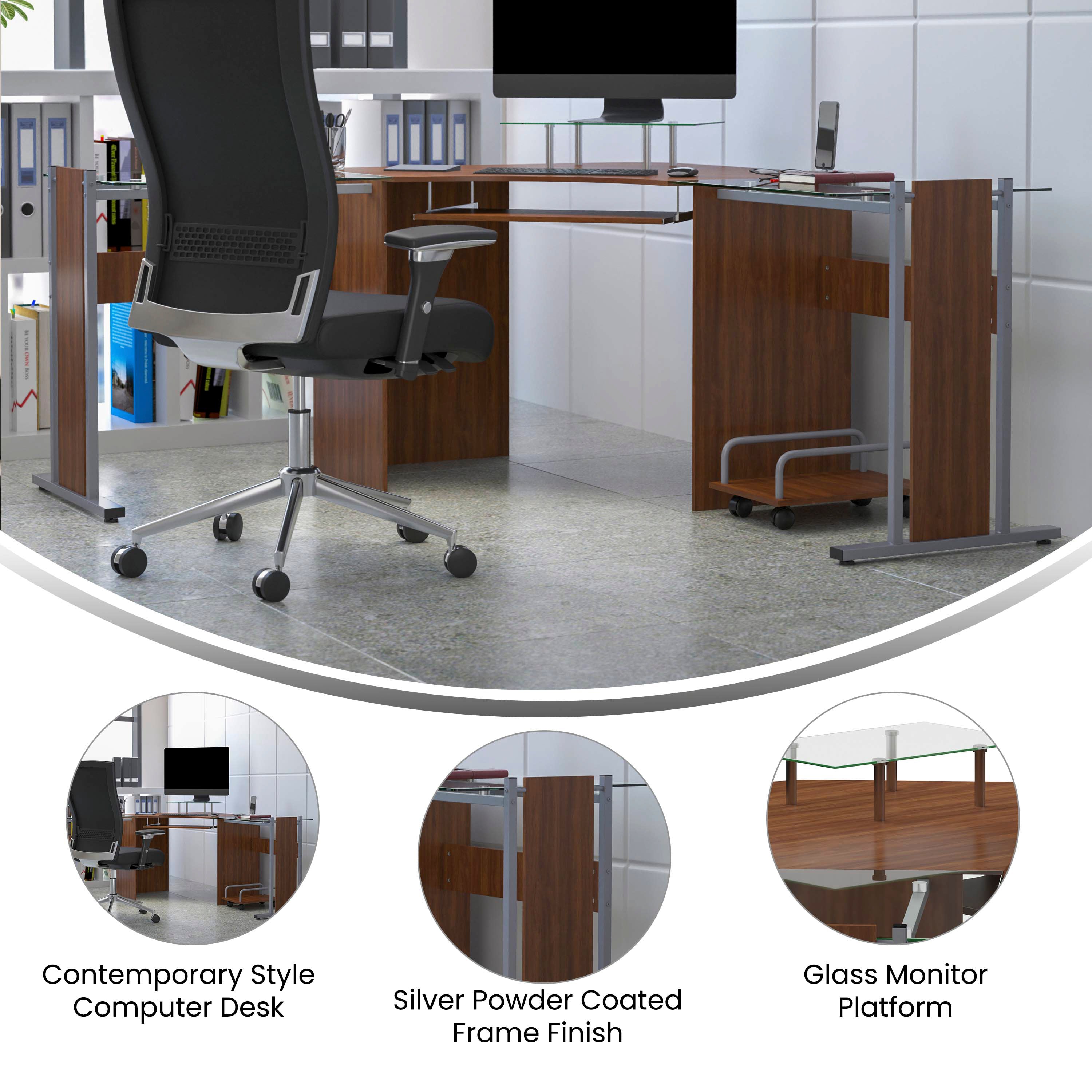 Singleton Teakwood Laminate Corner Desk with Pull-Out Keyboard Tray and CPU Cart