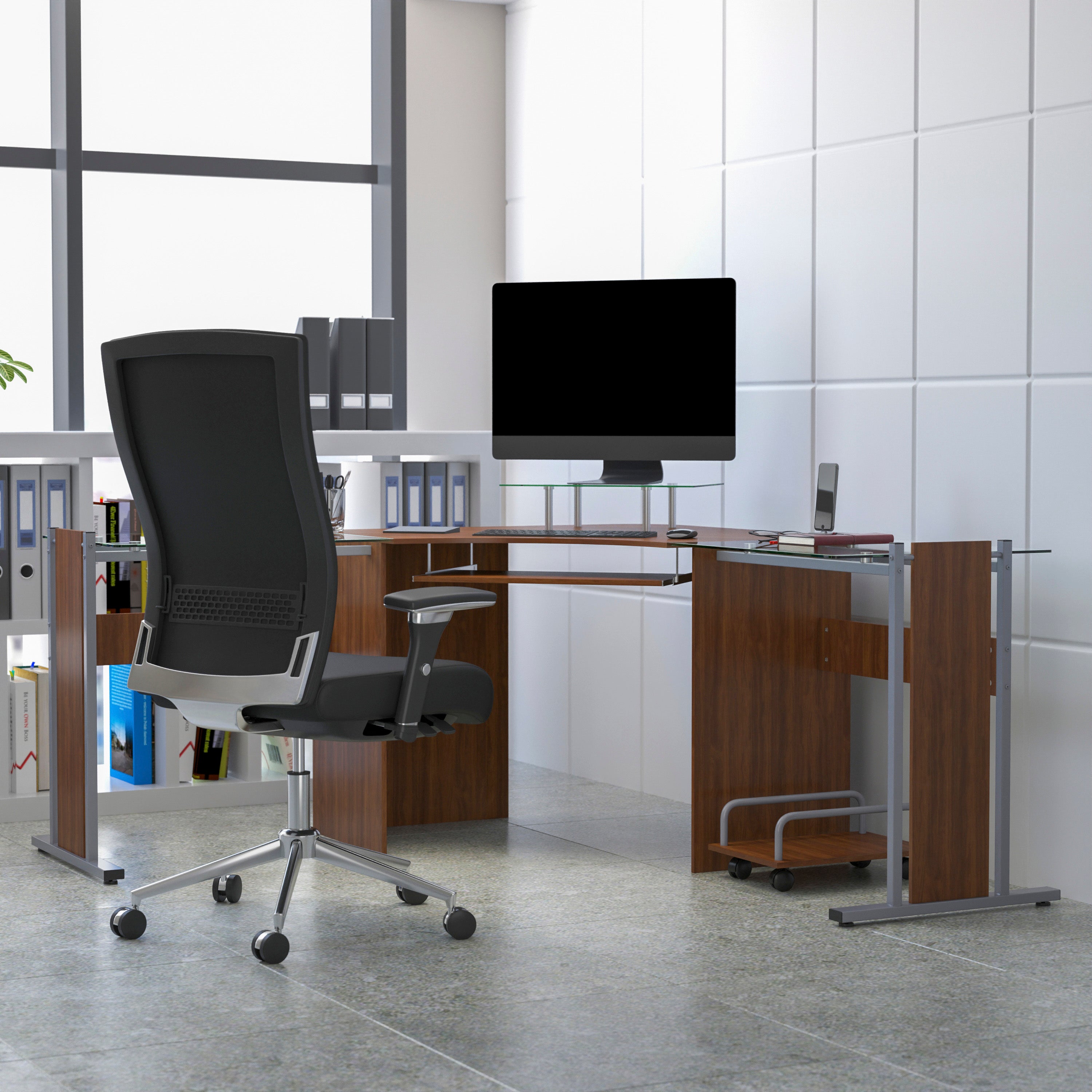 Singleton Teakwood Laminate Corner Desk with Pull-Out Keyboard Tray and CPU Cart