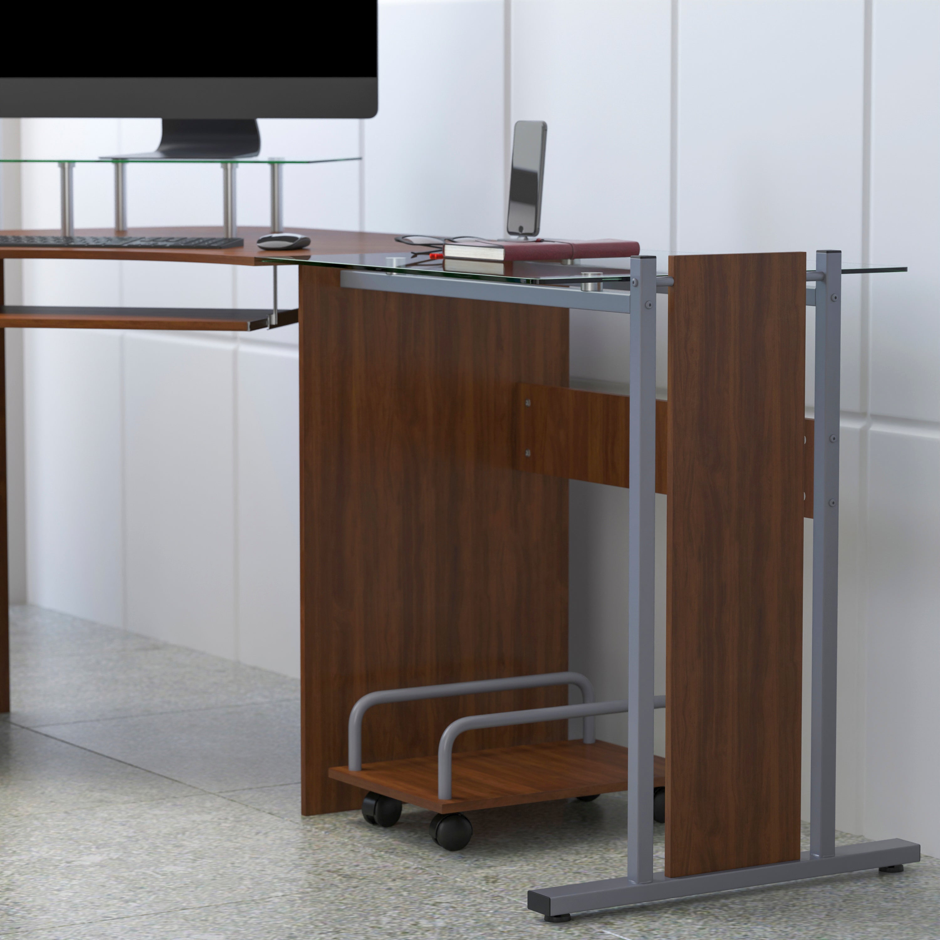 Singleton Teakwood Laminate Corner Desk with Pull-Out Keyboard Tray and CPU Cart