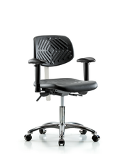 Class 100 Polyurethane Clean Room Chair - Desk Height with Adjustable Arms & Casters in Black Polyurethane