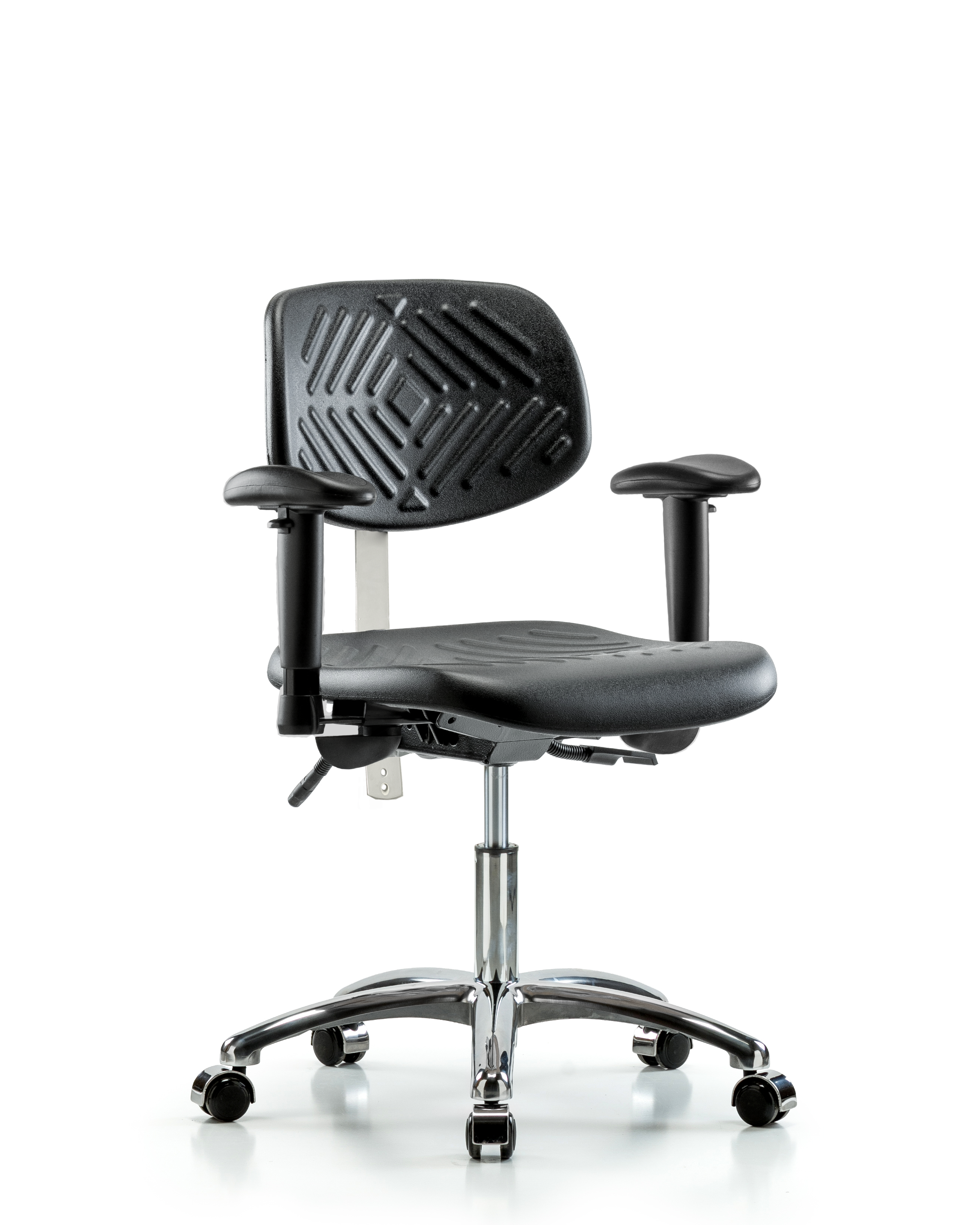 Class 100 Polyurethane Clean Room Chair - Desk Height with Adjustable Arms & Casters in Black Polyurethane