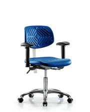 Class 100 Polyurethane Clean Room Chair - Desk Height with Adjustable Arms & Casters in Blue Polyurethane