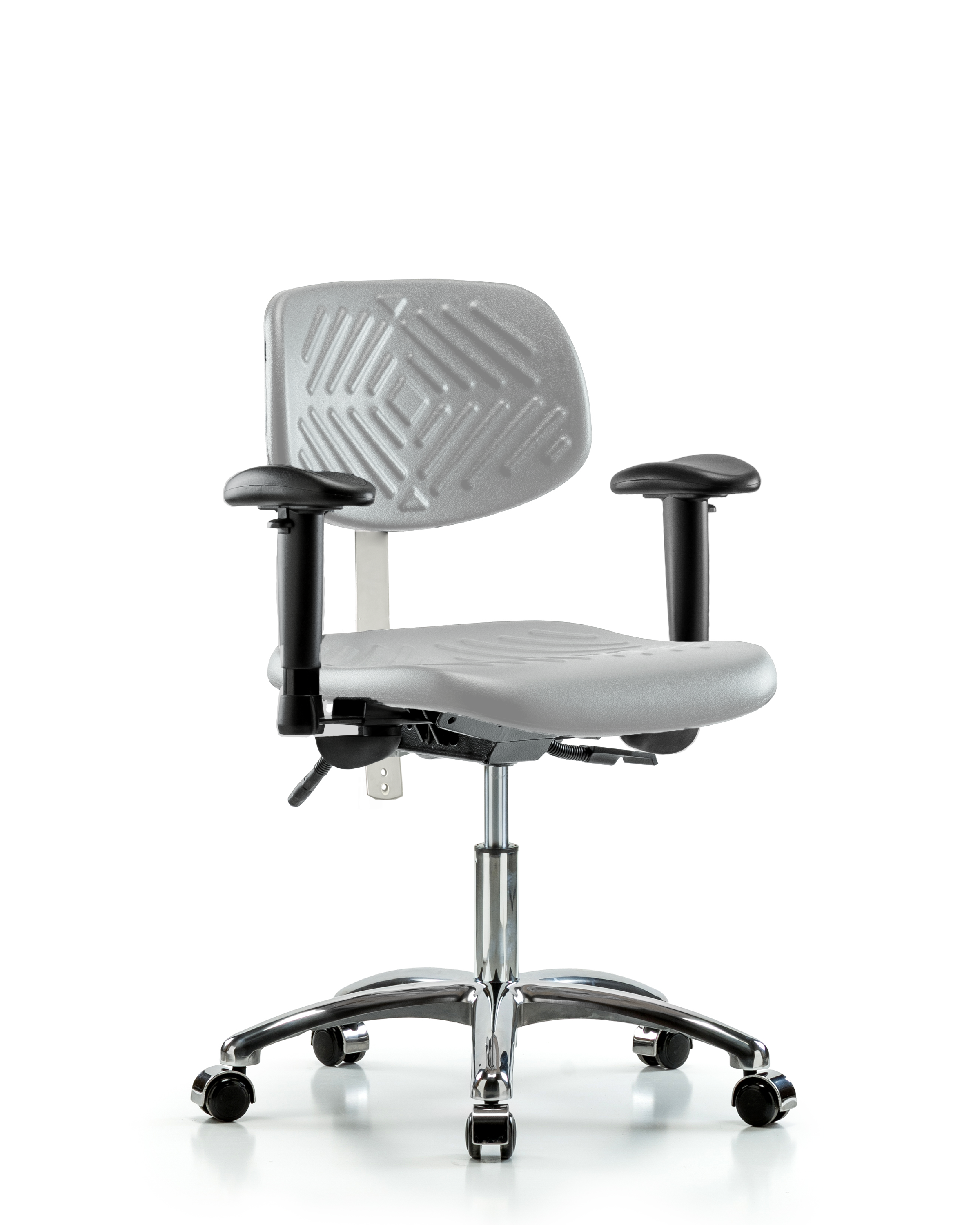 Class 100 Polyurethane Clean Room Chair - Desk Height with Adjustable Arms & Casters in Gray Polyurethane