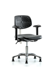 Class 100 Polyurethane Clean Room Chair - Desk Height with Adjustable Arms & Stationary Glides in Black Polyurethane