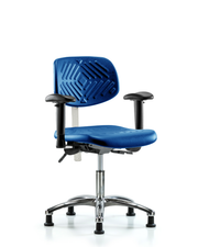 Class 100 Polyurethane Clean Room Chair - Desk Height with Seat Tilt, Adjustable Arms, & Stationary Glides in Blue Polyurethane