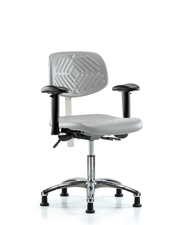 Class 100 Polyurethane Clean Room Chair - Desk Height with Seat Tilt, Adjustable Arms, & Stationary Glides in Gray Polyurethane