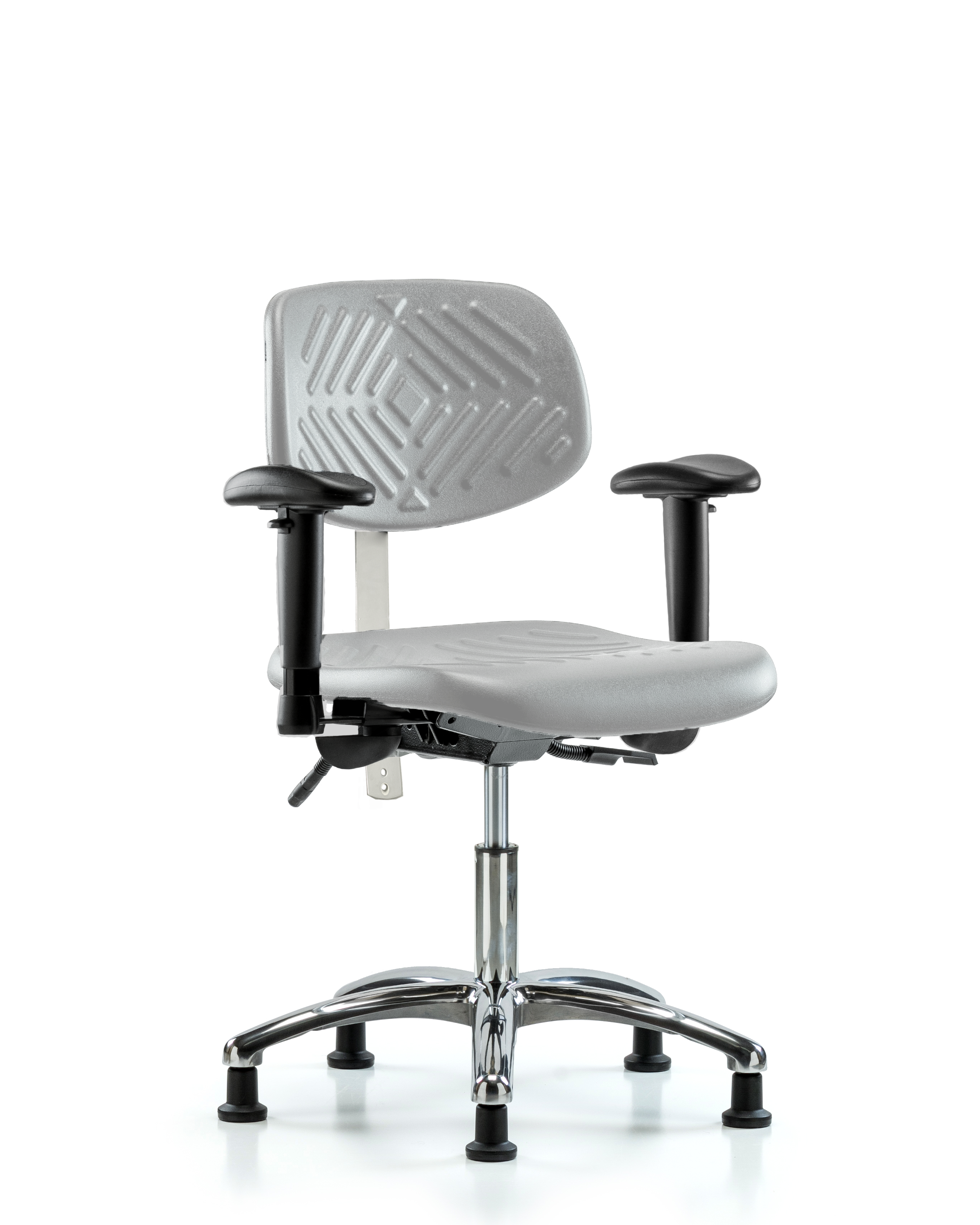 Class 100 Polyurethane Clean Room Chair - Desk Height with Seat Tilt, Adjustable Arms, & Stationary Glides in Gray Polyurethane