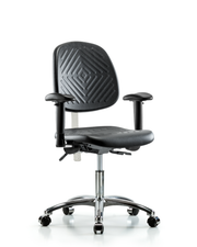Class 100 Polyurethane Clean Room Chair - Desk Height with Medium Back, Adjustable Arms, & Casters in Black Polyurethane