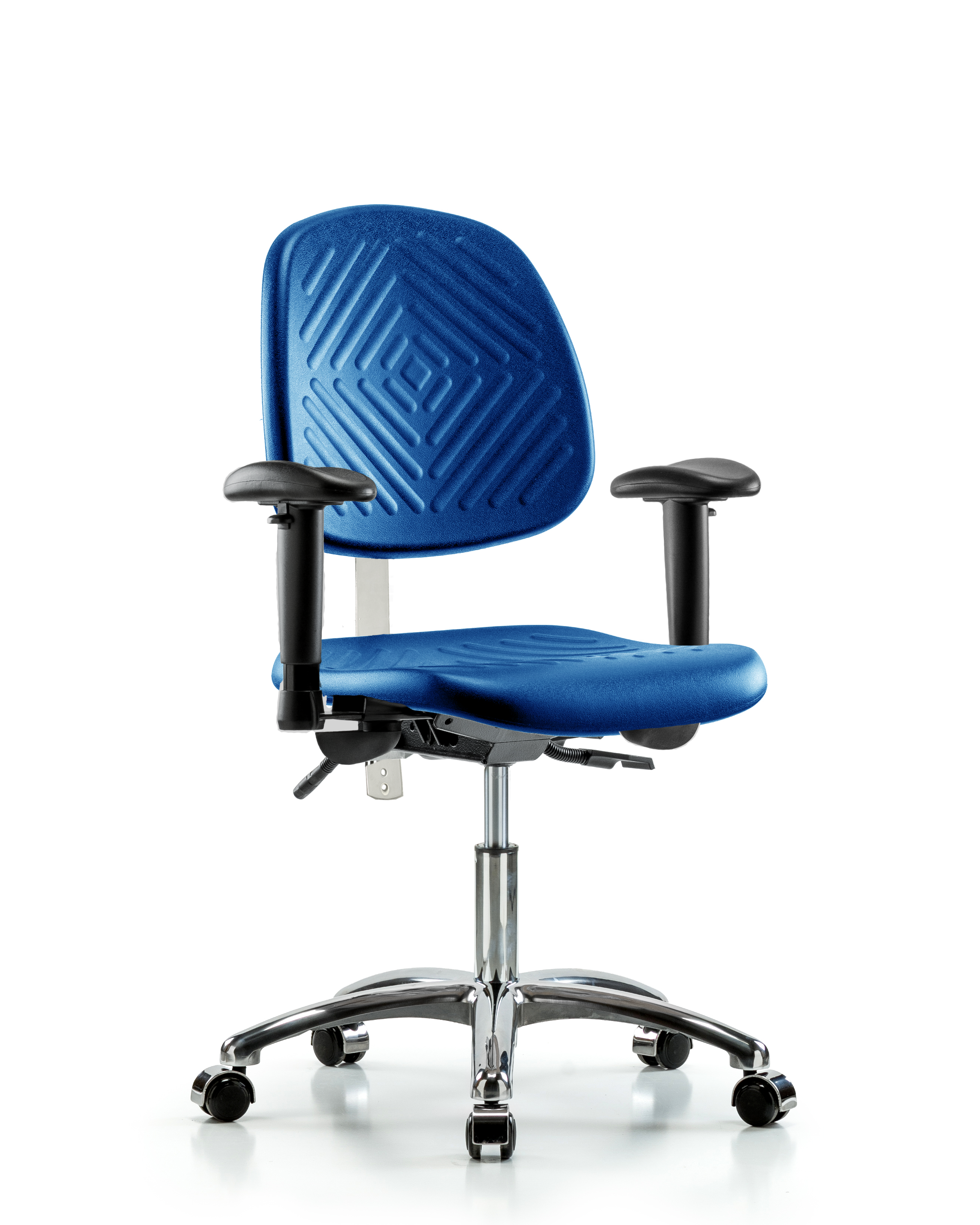 Class 100 Polyurethane Clean Room Chair - Desk Height with Medium Back, Adjustable Arms, & Casters in Blue Polyurethane