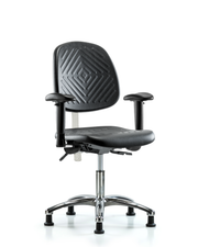 Class 100 Polyurethane Clean Room Chair - Desk Height with Medium Back, Adjustable Arms, & Stationary Glides in Black Polyurethane