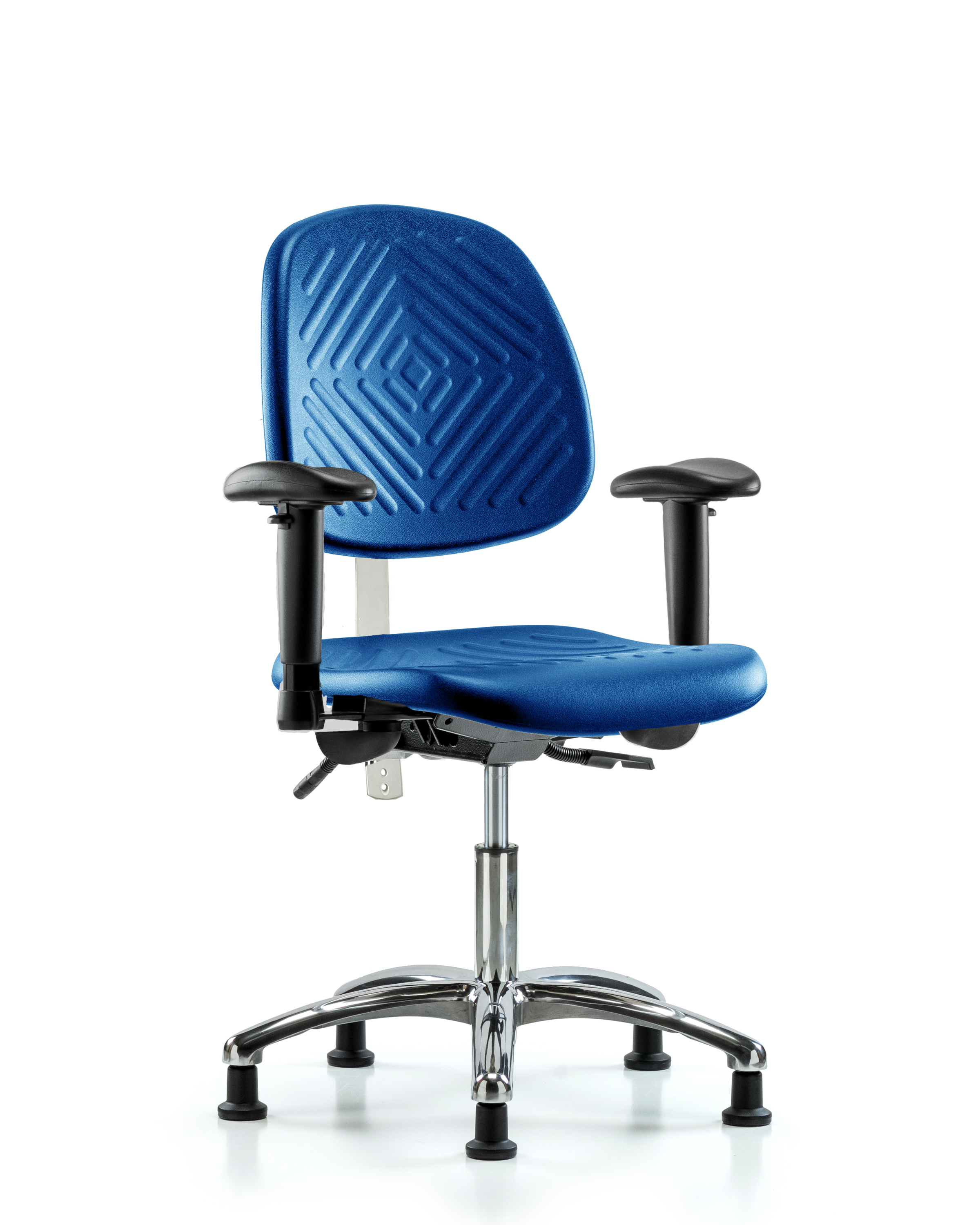 Class 100 Polyurethane Clean Room Chair - Desk Height with Medium Back, Adjustable Arms, & Stationary Glides in Blue Polyurethane