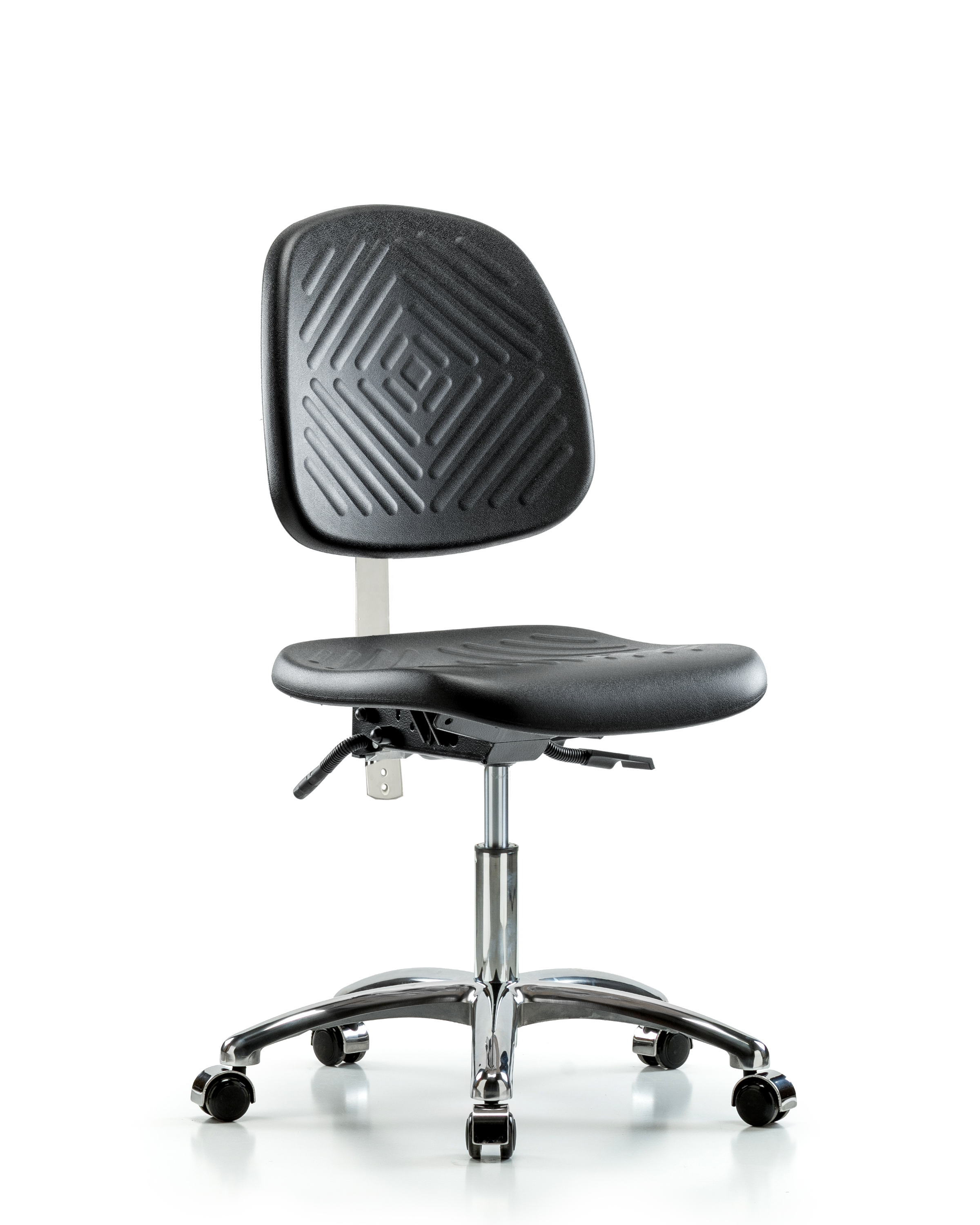 Class 100 Polyurethane Clean Room Chair - Desk Height with Medium Back, Seat Tilt, & Casters in Black Polyurethane