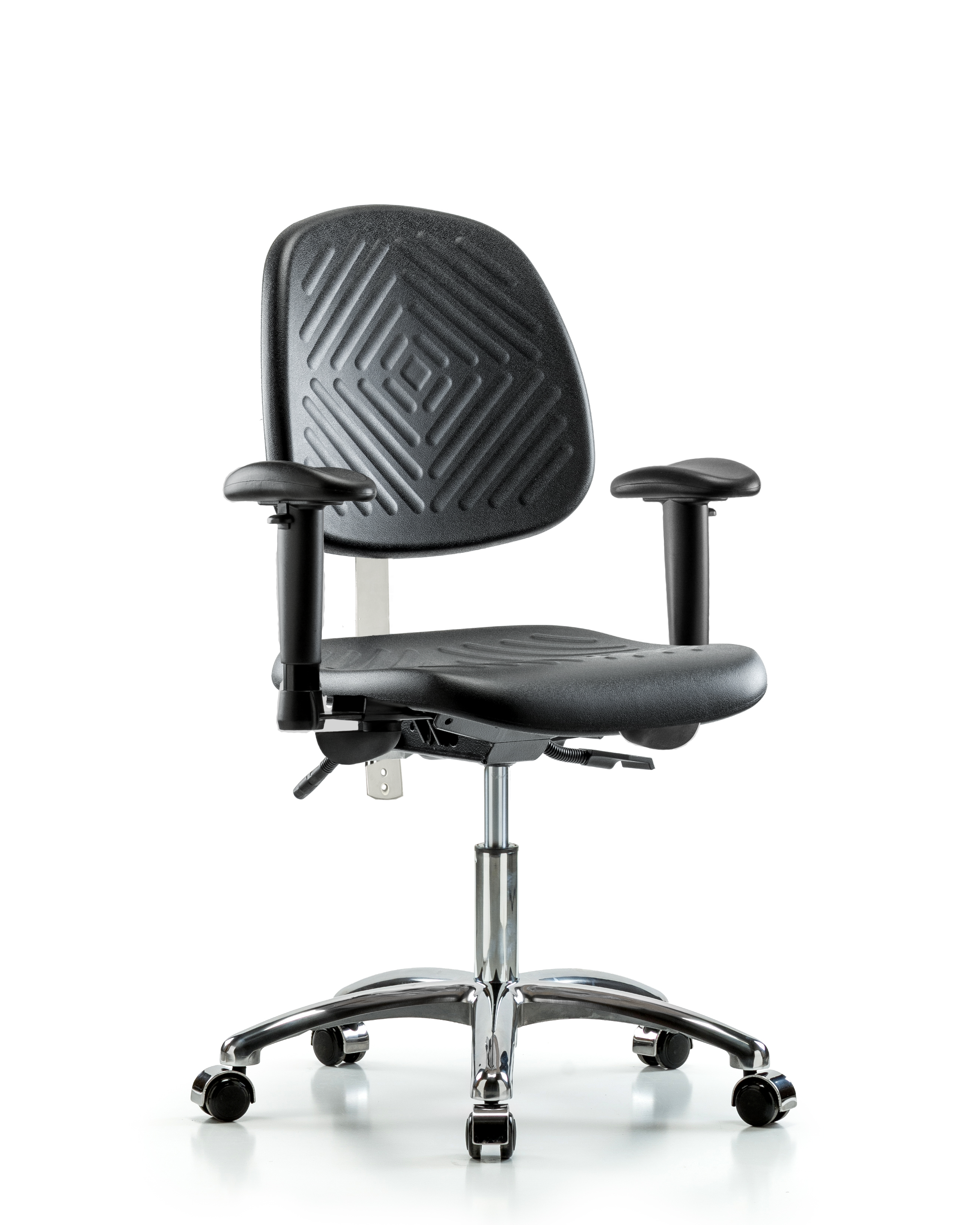 Class 100 Polyurethane Clean Room Chair - Desk Height with Medium Back, Seat Tilt, Adjustable Arms, & Casters in Black Polyurethane