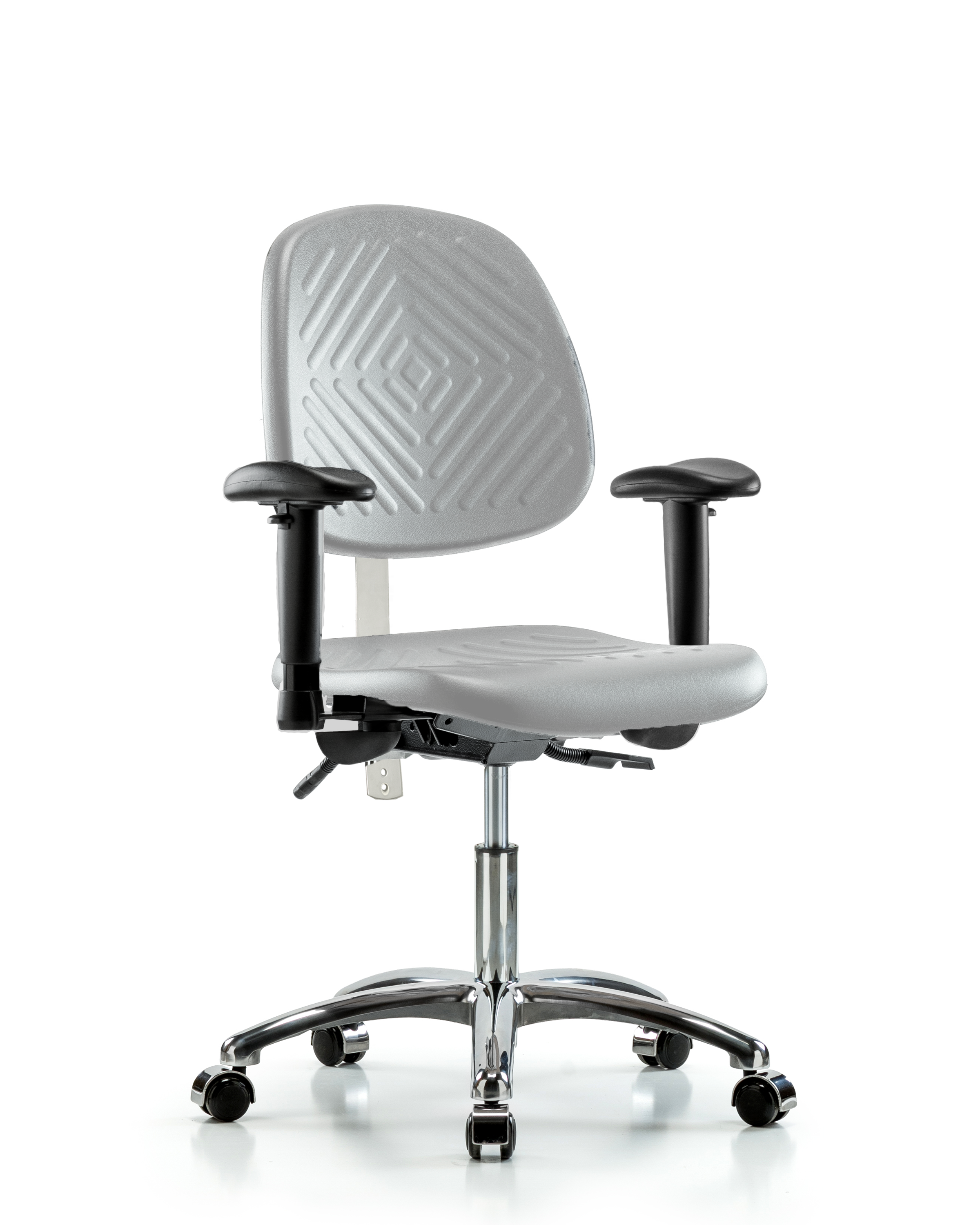 Class 100 Polyurethane Clean Room Chair - Desk Height with Medium Back, Seat Tilt, Adjustable Arms, & Casters in Gray Polyurethane