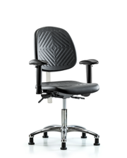 Class 100 Polyurethane Clean Room Chair - Desk Height with Medium Back, Seat Tilt, Adjustable Arms, & Stationary Glides in Black Polyurethane