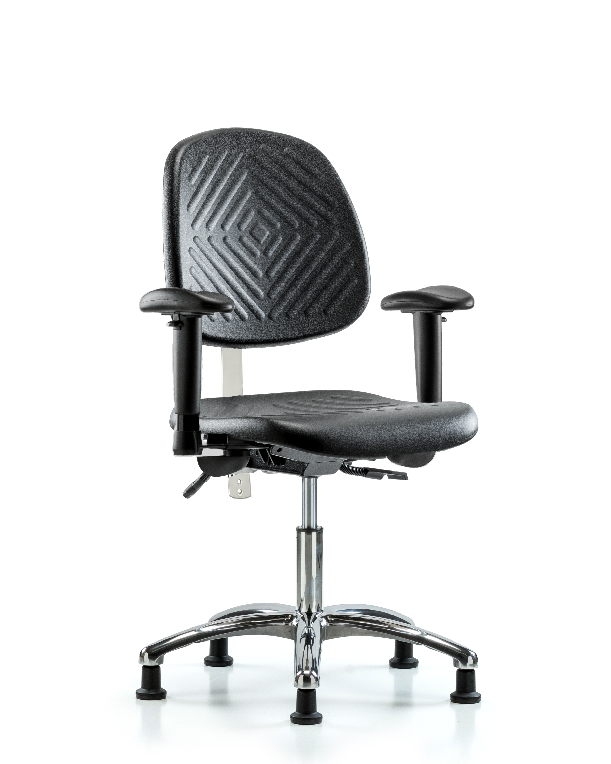 Class 100 Polyurethane Clean Room Chair - Desk Height with Medium Back, Seat Tilt, Adjustable Arms, & Stationary Glides in Black Polyurethane