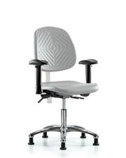 Class 100 Polyurethane Clean Room Chair - Desk Height with Medium Back, Seat Tilt, Adjustable Arms, & Stationary Glides in Gray Polyurethane