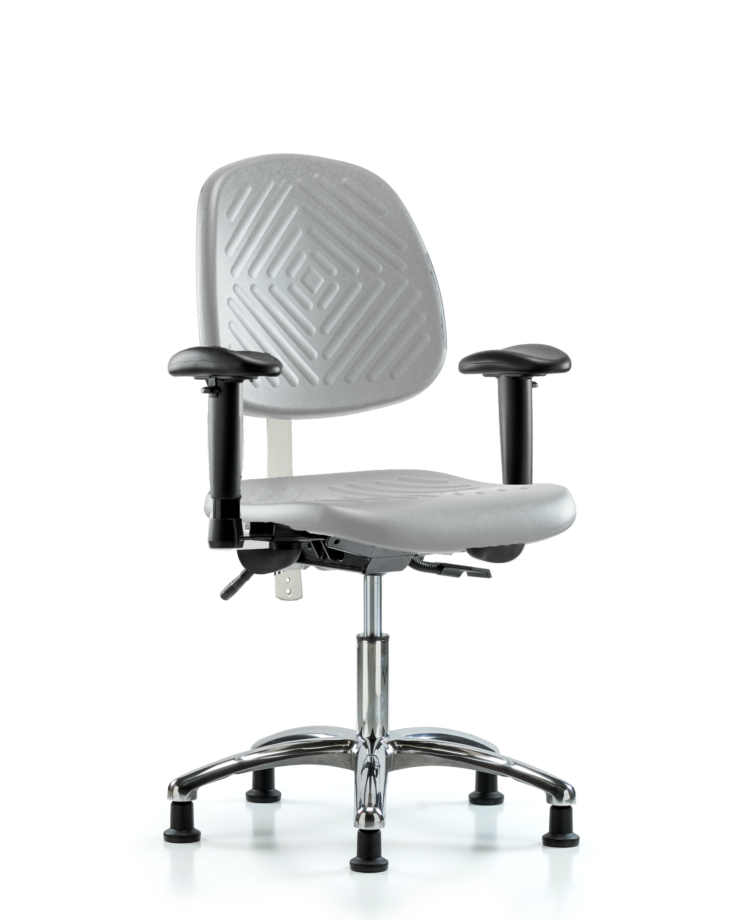 Class 100 Polyurethane Clean Room Chair - Desk Height with Medium Back, Seat Tilt, Adjustable Arms, & Stationary Glides in Gray Polyurethane
