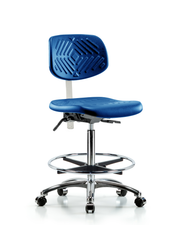 Class 10 Polyurethane Clean Room Chair - High Bench Height with Chrome Foot Ring & Casters in Blue Polyurethane