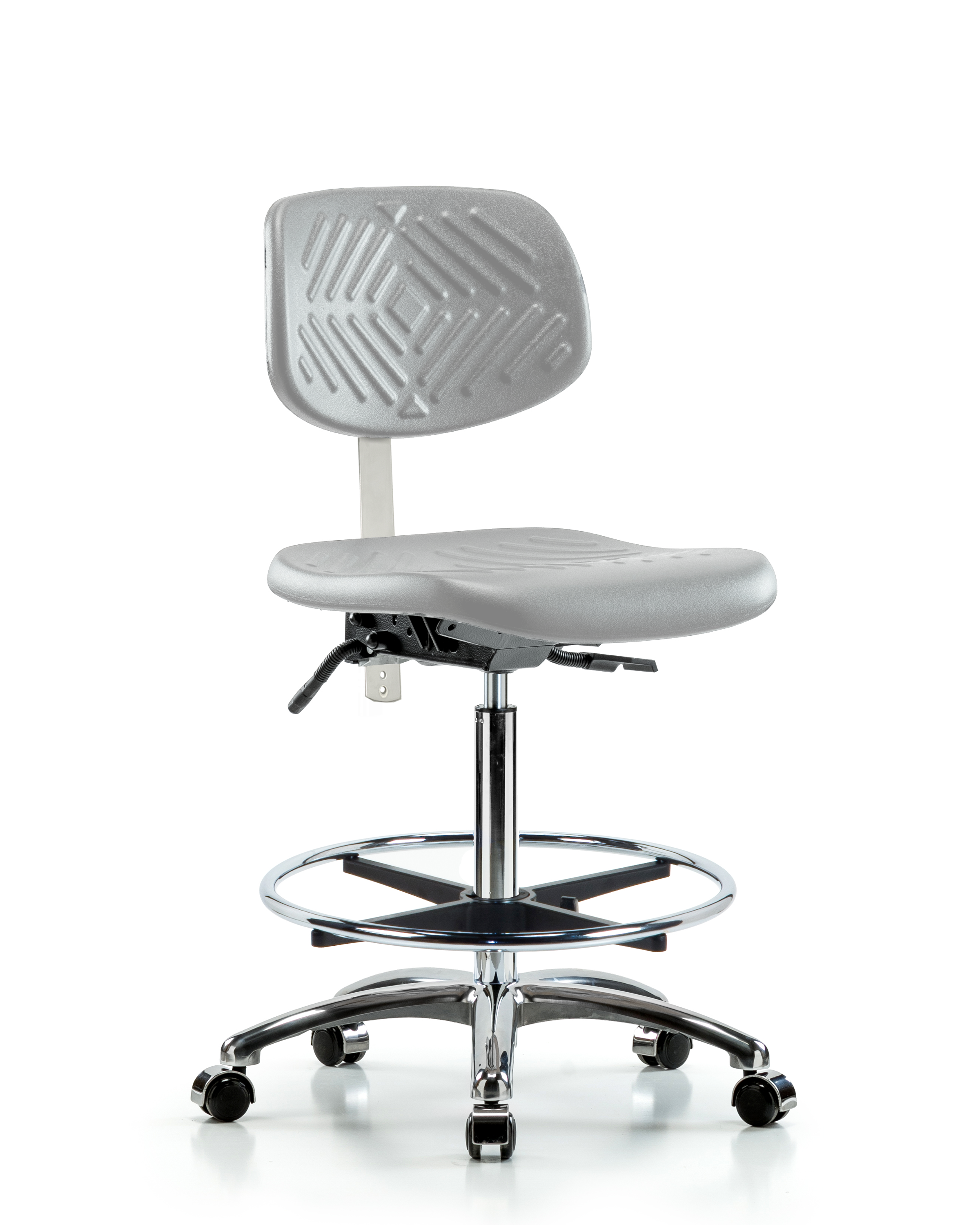 Class 10 Polyurethane Clean Room Chair - High Bench Height with Chrome Foot Ring & Casters in Gray Polyurethane