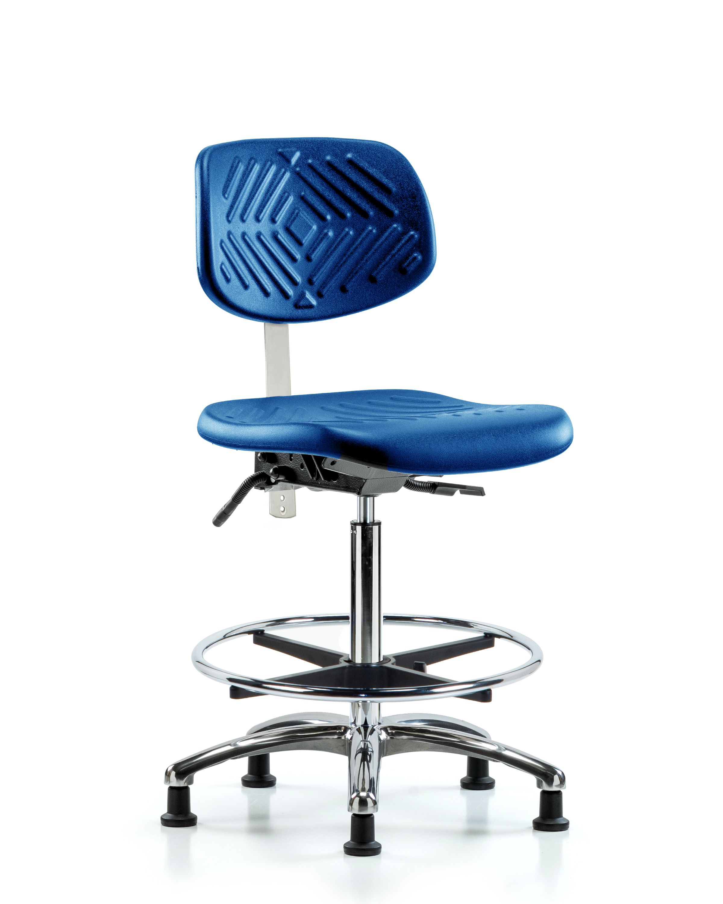 Class 10 Polyurethane Clean Room Chair - High Bench Height with Chrome Foot Ring & Stationary Glides in Blue Polyurethane