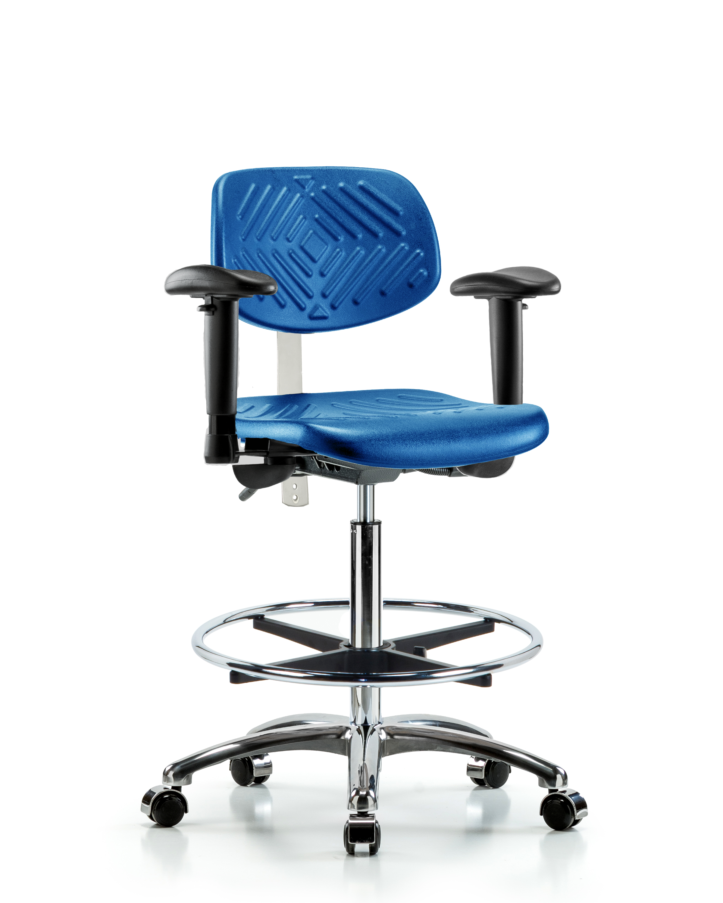 Class 100 Polyurethane Clean Room Chair - High Bench Height with Adjustable Arms, Chrome Foot Ring, & Casters in Blue Polyurethane