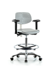 Class 100 Polyurethane Clean Room Chair - High Bench Height with Adjustable Arms, Chrome Foot Ring, & Casters in Gray Polyurethane