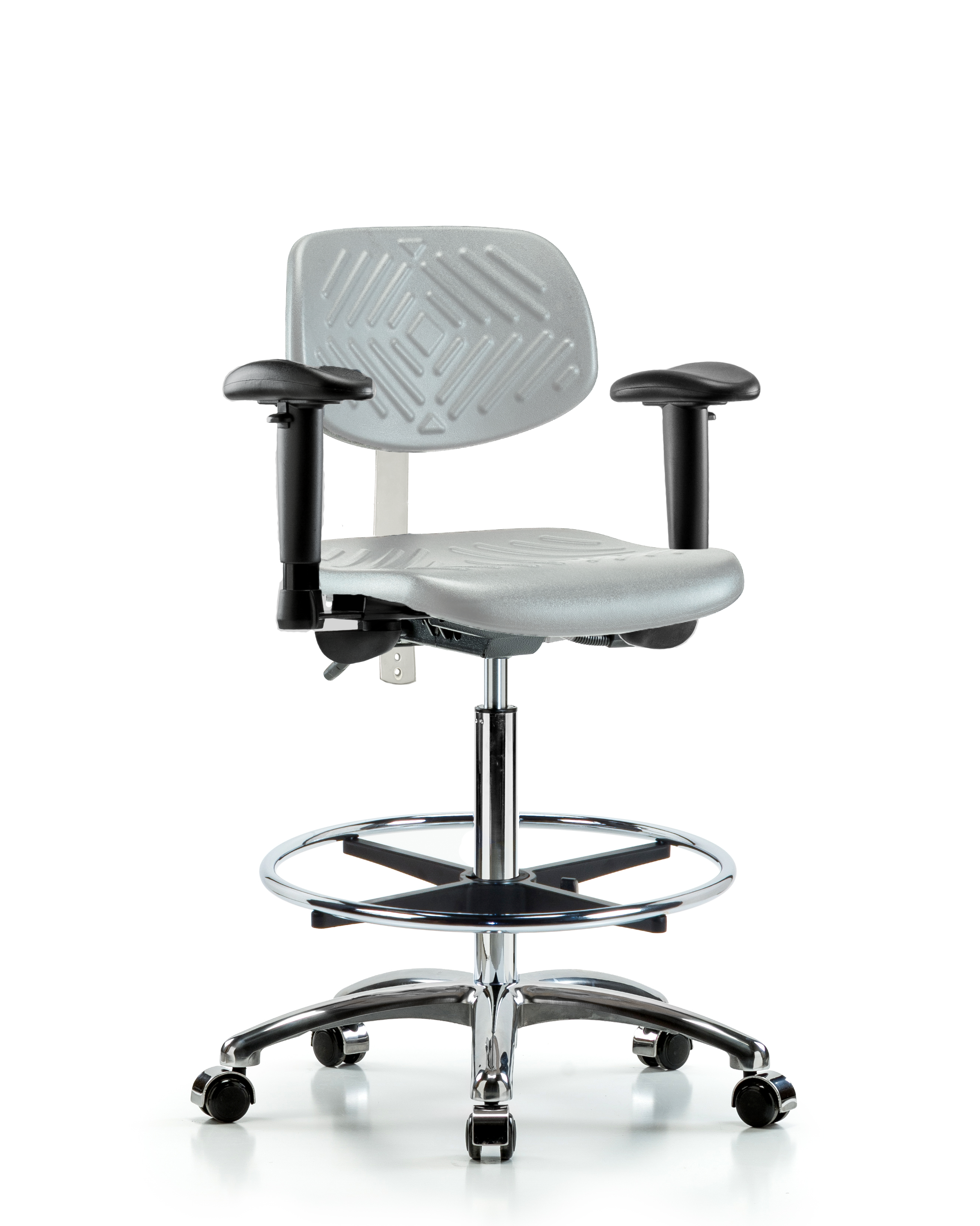 Class 100 Polyurethane Clean Room Chair - High Bench Height with Adjustable Arms, Chrome Foot Ring, & Casters in Gray Polyurethane