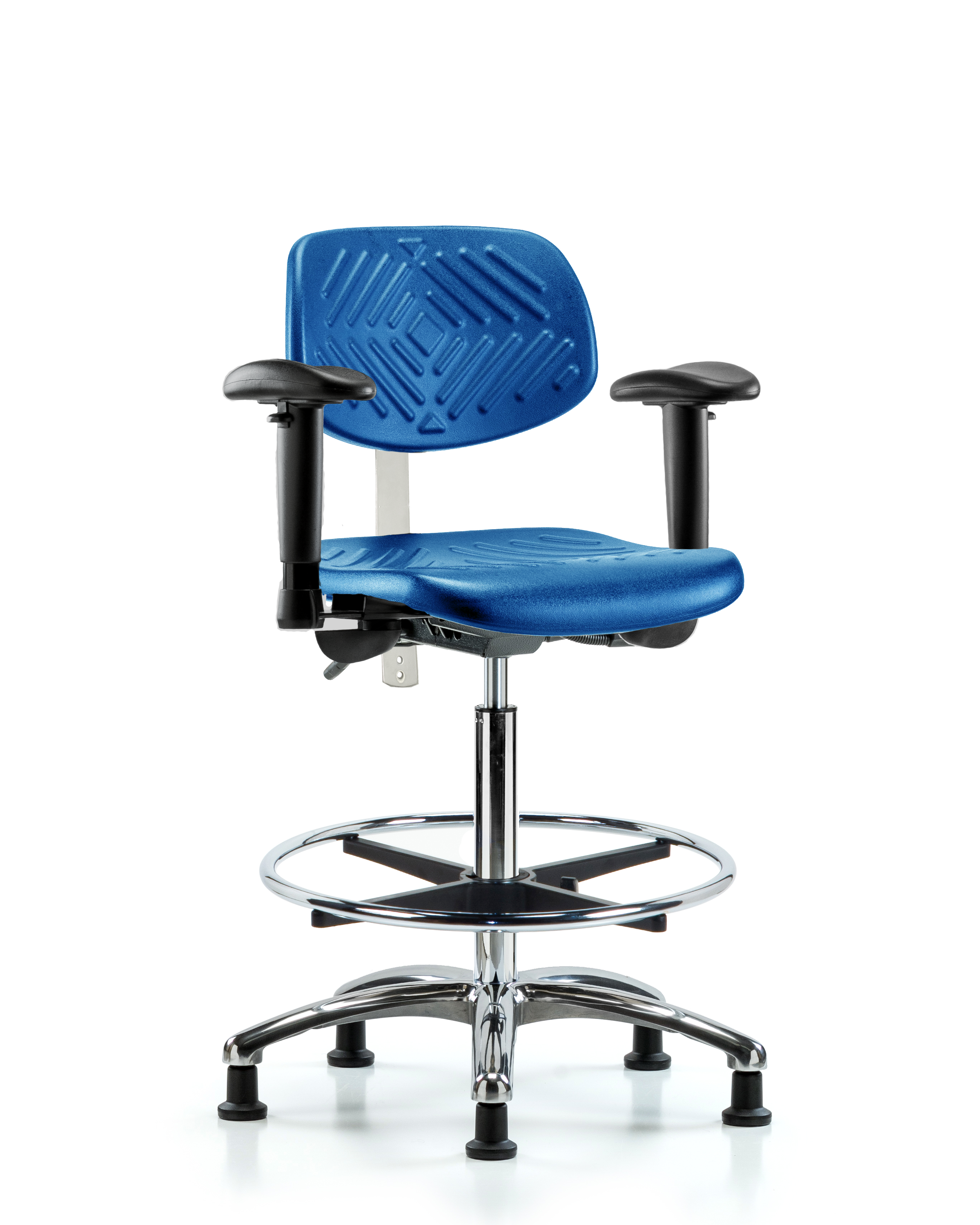 Class 100 Polyurethane Clean Room Chair - High Bench Height with Adjustable Arms, Chrome Foot Ring, & Stationary Glides in Blue Polyurethane