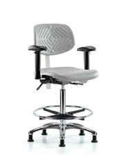 Class 100 Polyurethane Clean Room Chair - High Bench Height with Adjustable Arms, Chrome Foot Ring, & Stationary Glides in Gray Polyurethane
