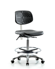 Class 100 Polyurethane Clean Room Chair - High Bench Height with Seat Tilt, Chrome Foot Ring, & Casters in Black Polyurethane