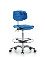 Class 100 Polyurethane Clean Room Chair - High Bench Height with Seat Tilt, Chrome Foot Ring, & Casters in Blue Polyurethane