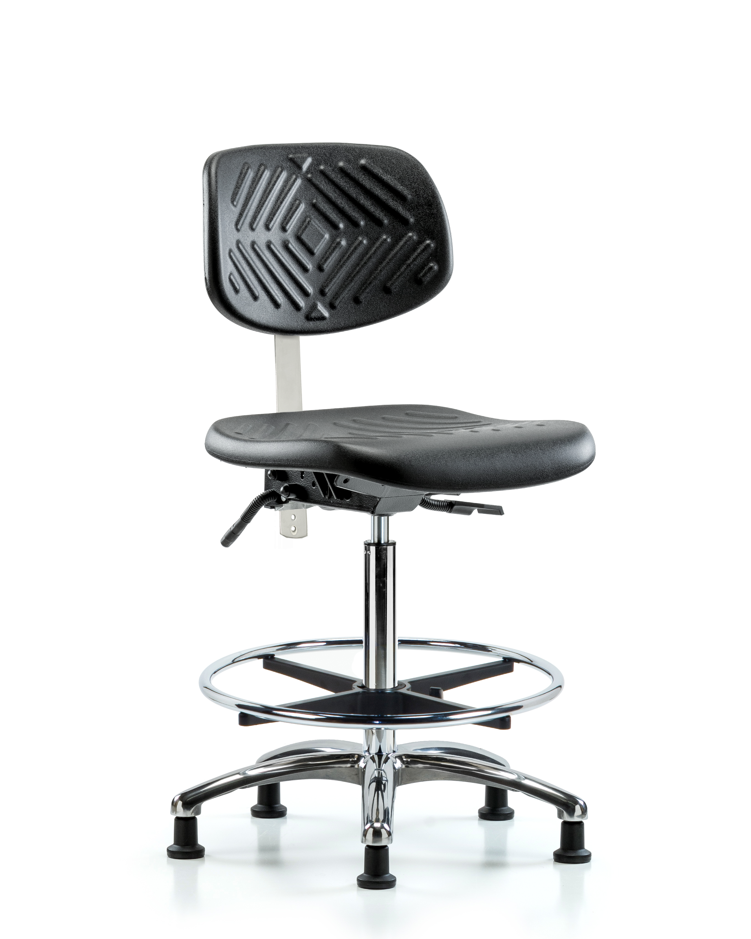 Class 100 Polyurethane Clean Room Chair - High Bench Height with Seat Tilt, Chrome Foot Ring, & Stationary Glides in Black Polyurethane