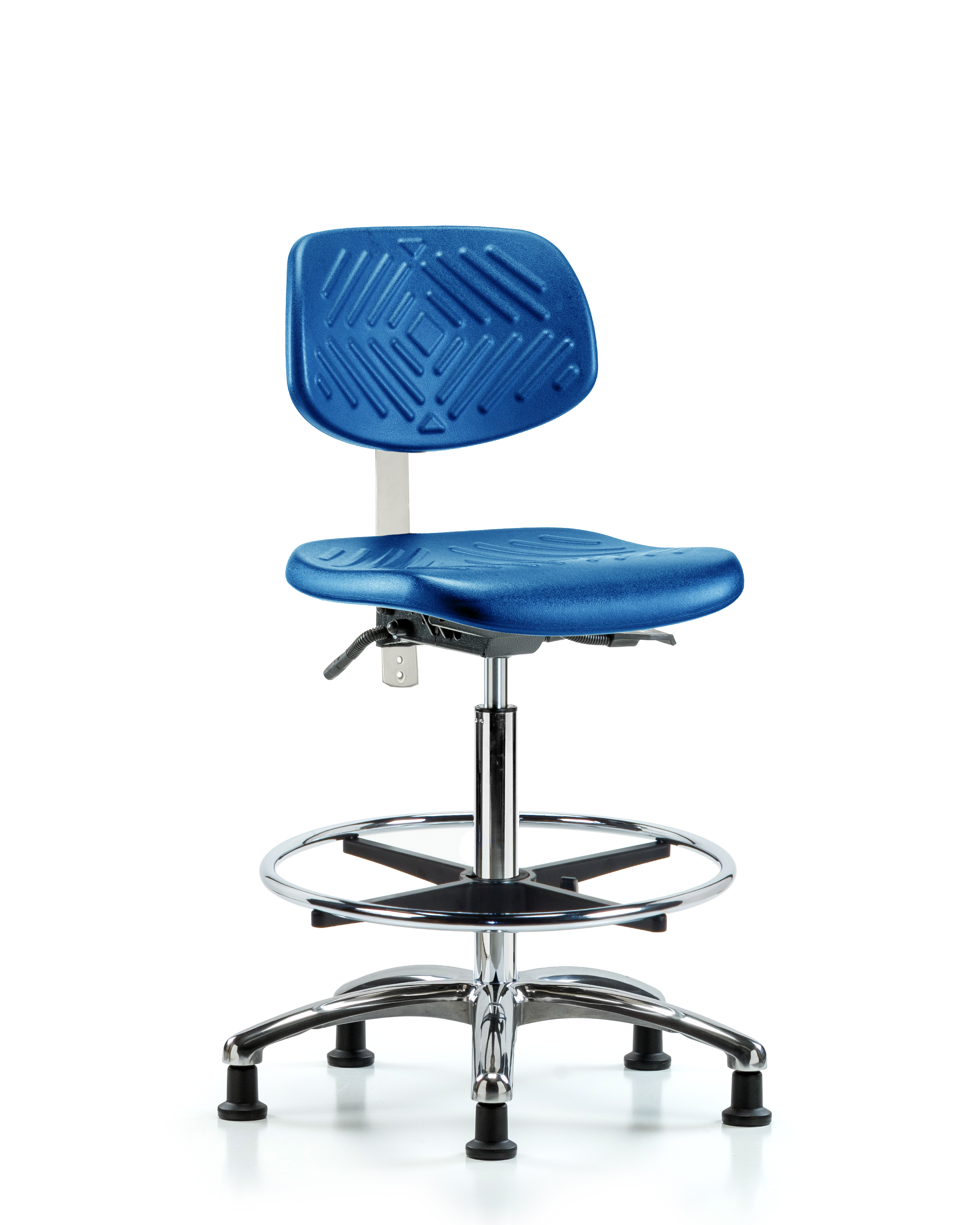 Class 100 Polyurethane Clean Room Chair - High Bench Height with Seat Tilt, Chrome Foot Ring, & Stationary Glides in Blue Polyurethane