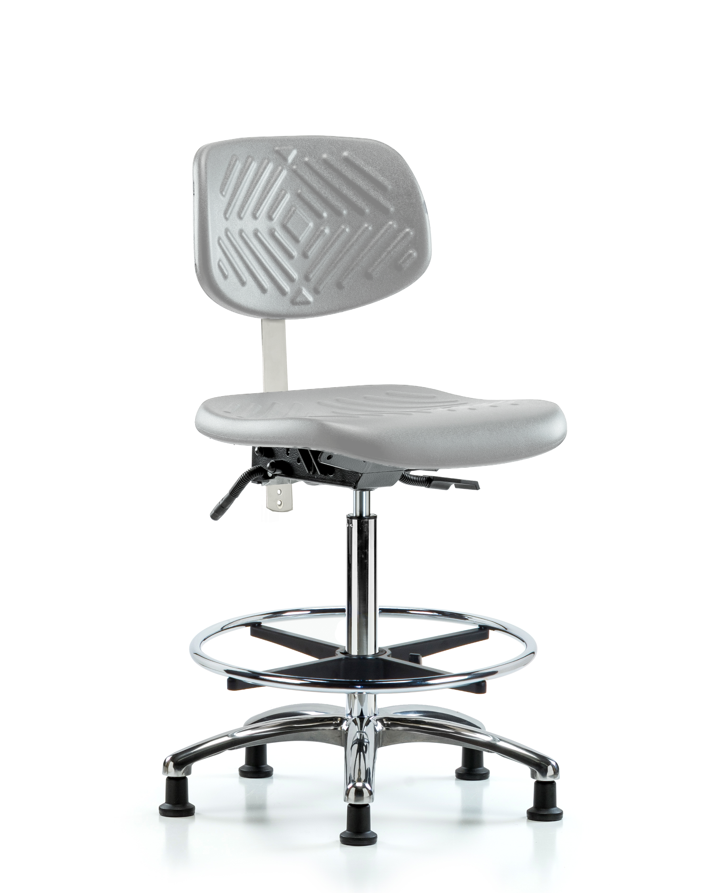 Class 100 Polyurethane Clean Room Chair - High Bench Height with Seat Tilt, Chrome Foot Ring, & Stationary Glides in Gray Polyurethane