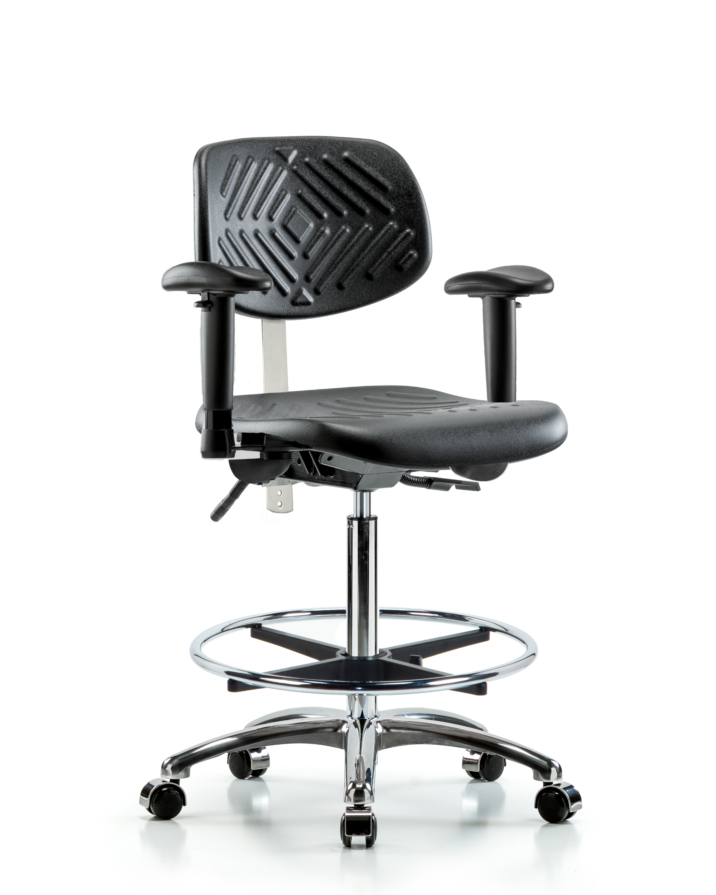 Class 100 Polyurethane Clean Room Chair - High Bench Height with Seat Tilt, Adjustable Arms, Chrome Foot Ring, & Casters in Black Polyurethane