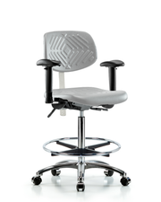 Class 100 Polyurethane Clean Room Chair - High Bench Height with Seat Tilt, Adjustable Arms, Chrome Foot Ring, & Casters in Gray Polyurethane