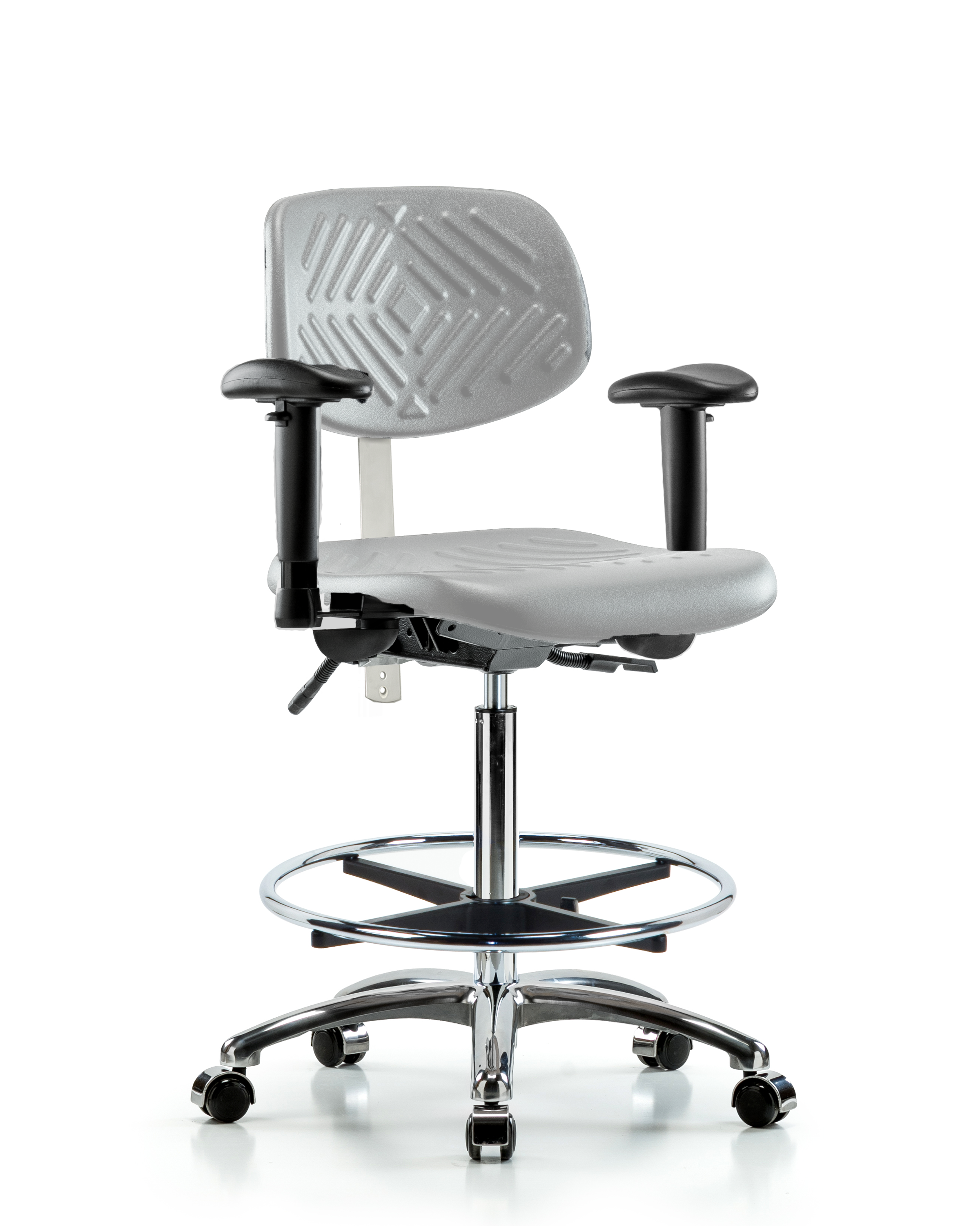 Class 100 Polyurethane Clean Room Chair - High Bench Height with Seat Tilt, Adjustable Arms, Chrome Foot Ring, & Casters in Gray Polyurethane