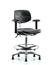 Class 100 Polyurethane Clean Room Chair - High Bench Height with Seat Tilt, Adjustable Arms, Chrome Foot Ring, & Stationary Glides in Black Polyurethane