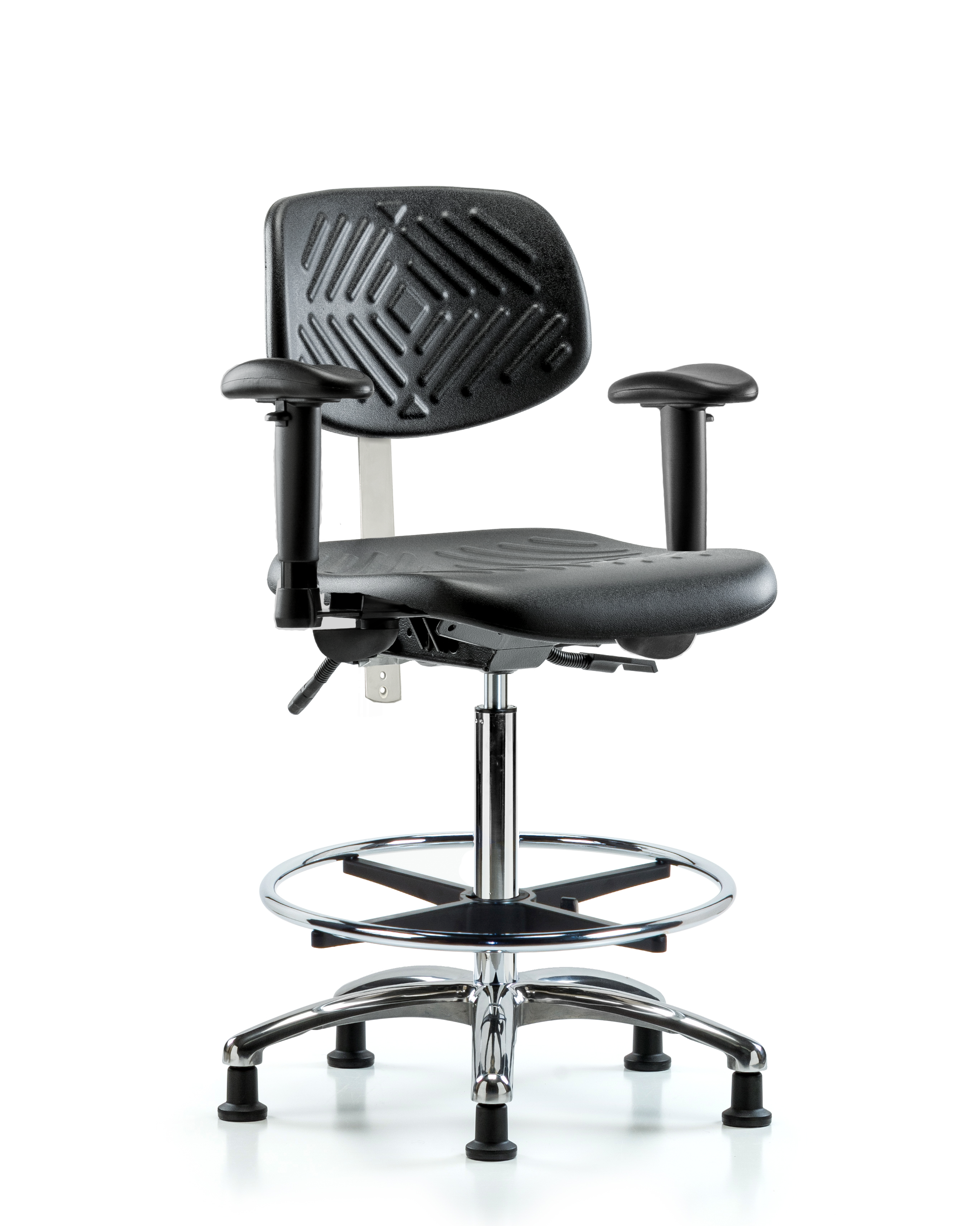 Class 100 Polyurethane Clean Room Chair - High Bench Height with Seat Tilt, Adjustable Arms, Chrome Foot Ring, & Stationary Glides in Black Polyurethane