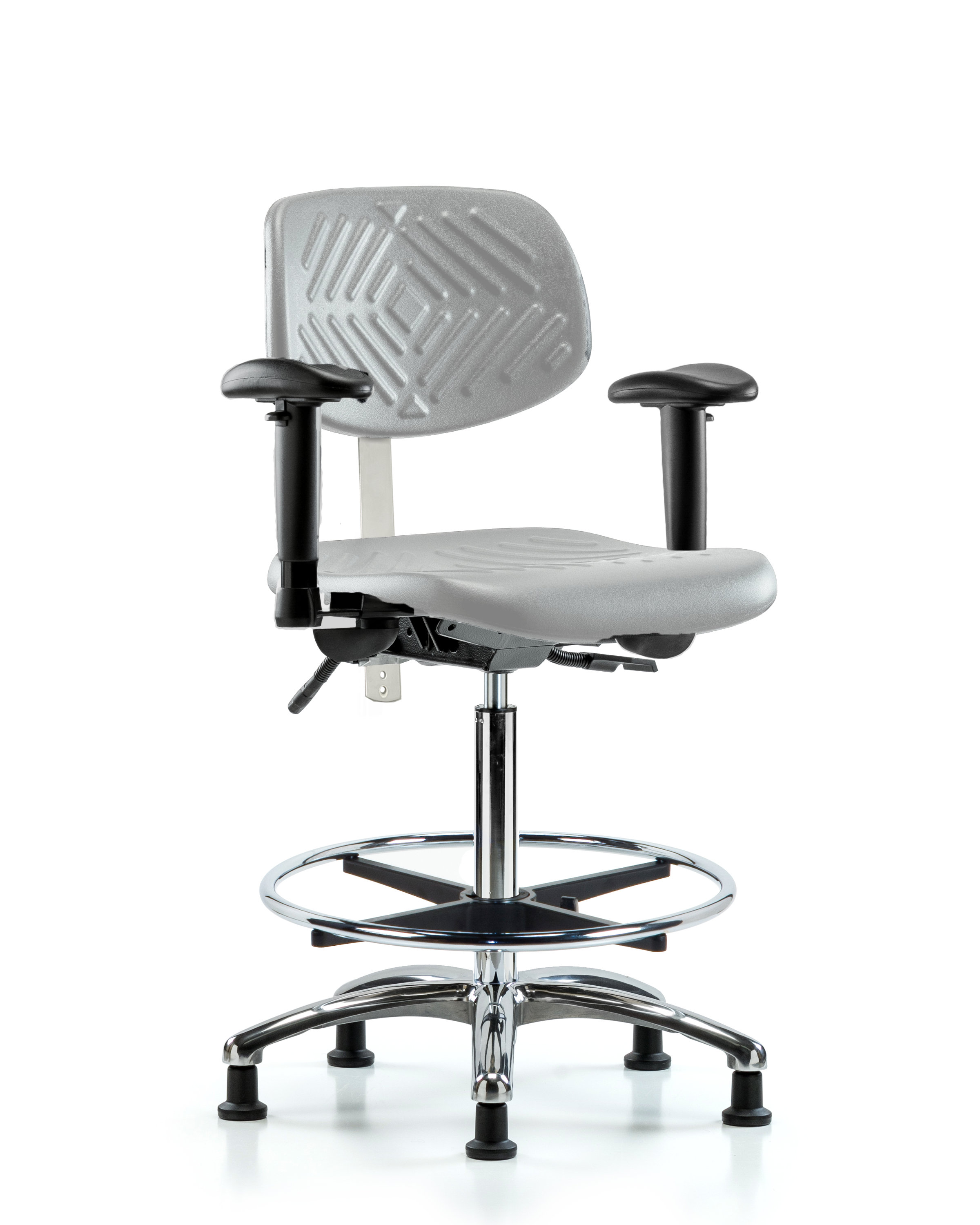 Class 100 Polyurethane Clean Room Chair - High Bench Height with Seat Tilt, Adjustable Arms, Chrome Foot Ring, & Stationary Glides in Gray Polyurethane
