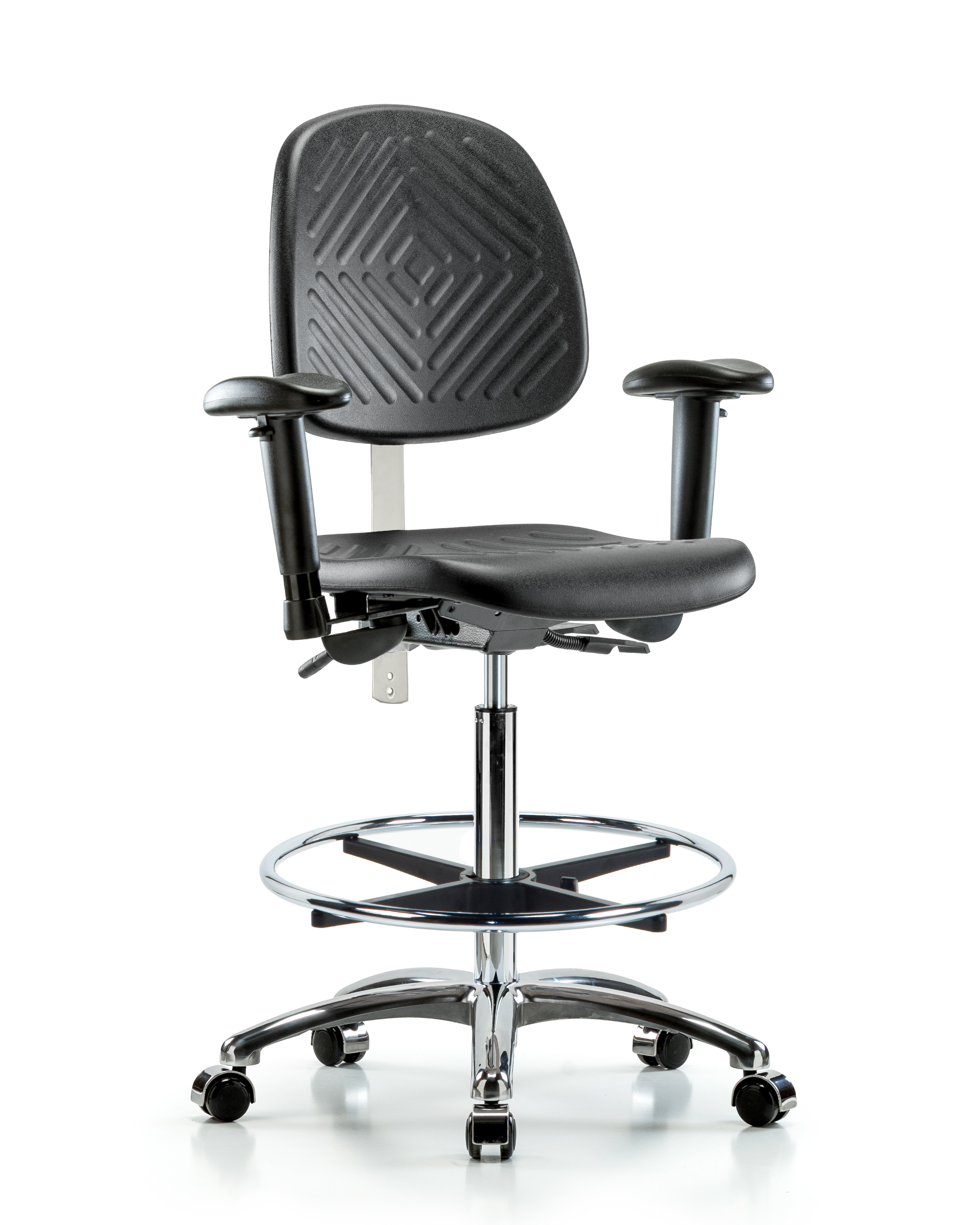 Class 100 Polyurethane Clean Room Chair - High Bench Height with Medium Back, Adjustable Arms, Chrome Foot Ring, & Casters in Black Polyurethane