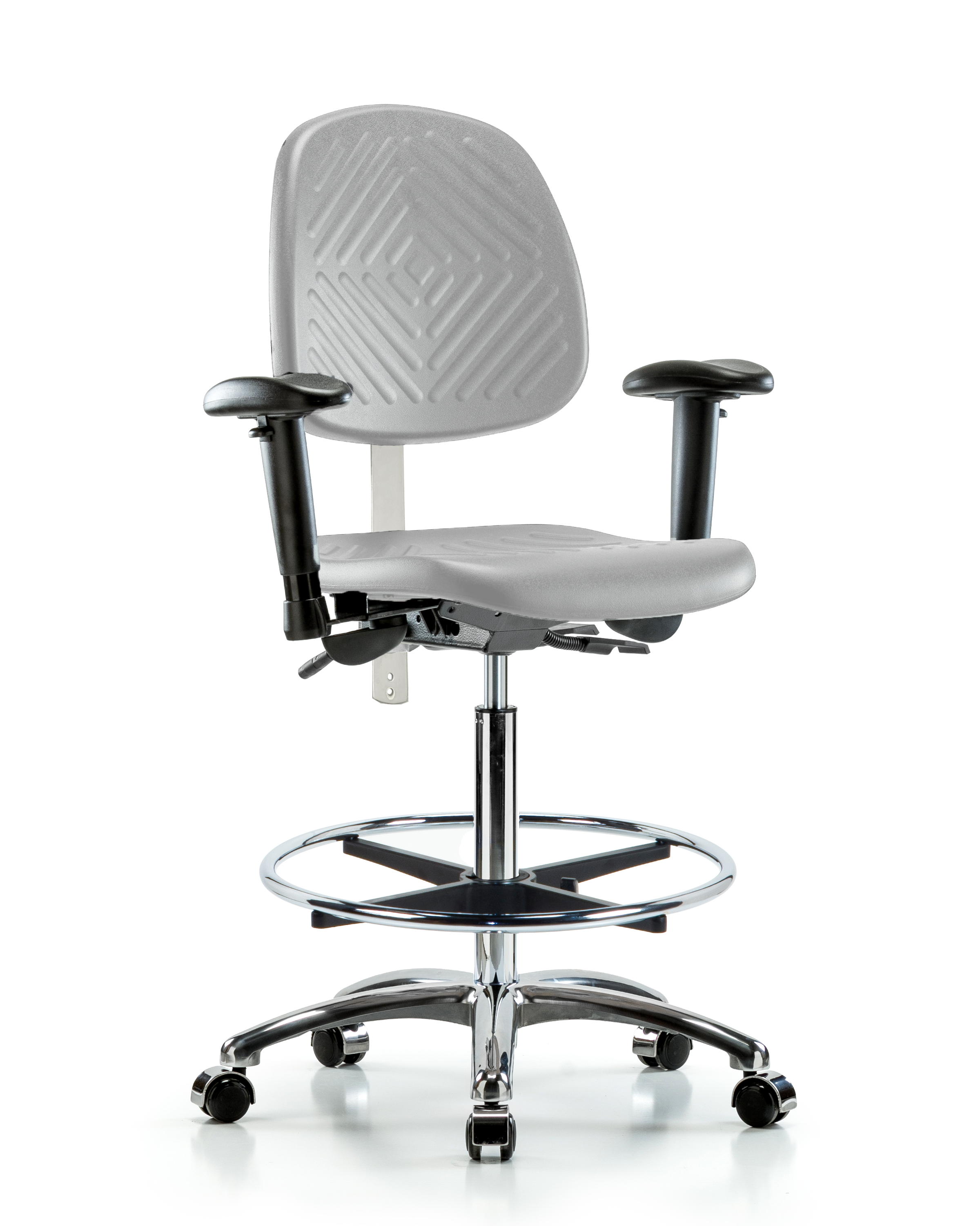 Class 100 Polyurethane Clean Room Chair - High Bench Height with Medium Back, Adjustable Arms, Chrome Foot Ring, & Casters in Gray Polyurethane
