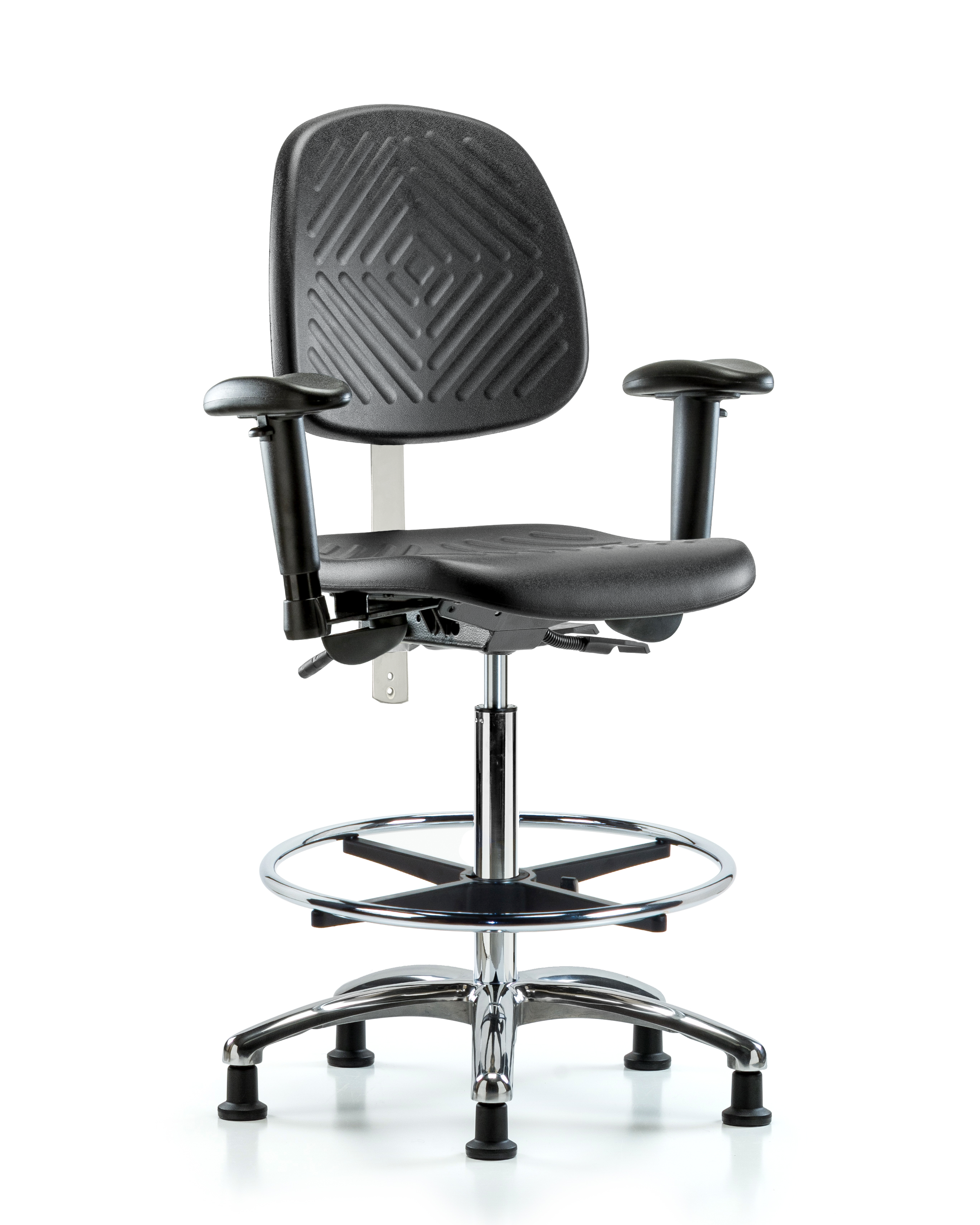 Class 100 Polyurethane Clean Room Chair - High Bench Height with Medium Back, Adjustable Arms, Chrome Foot Ring, & Stationary Glides in Black Polyurethane