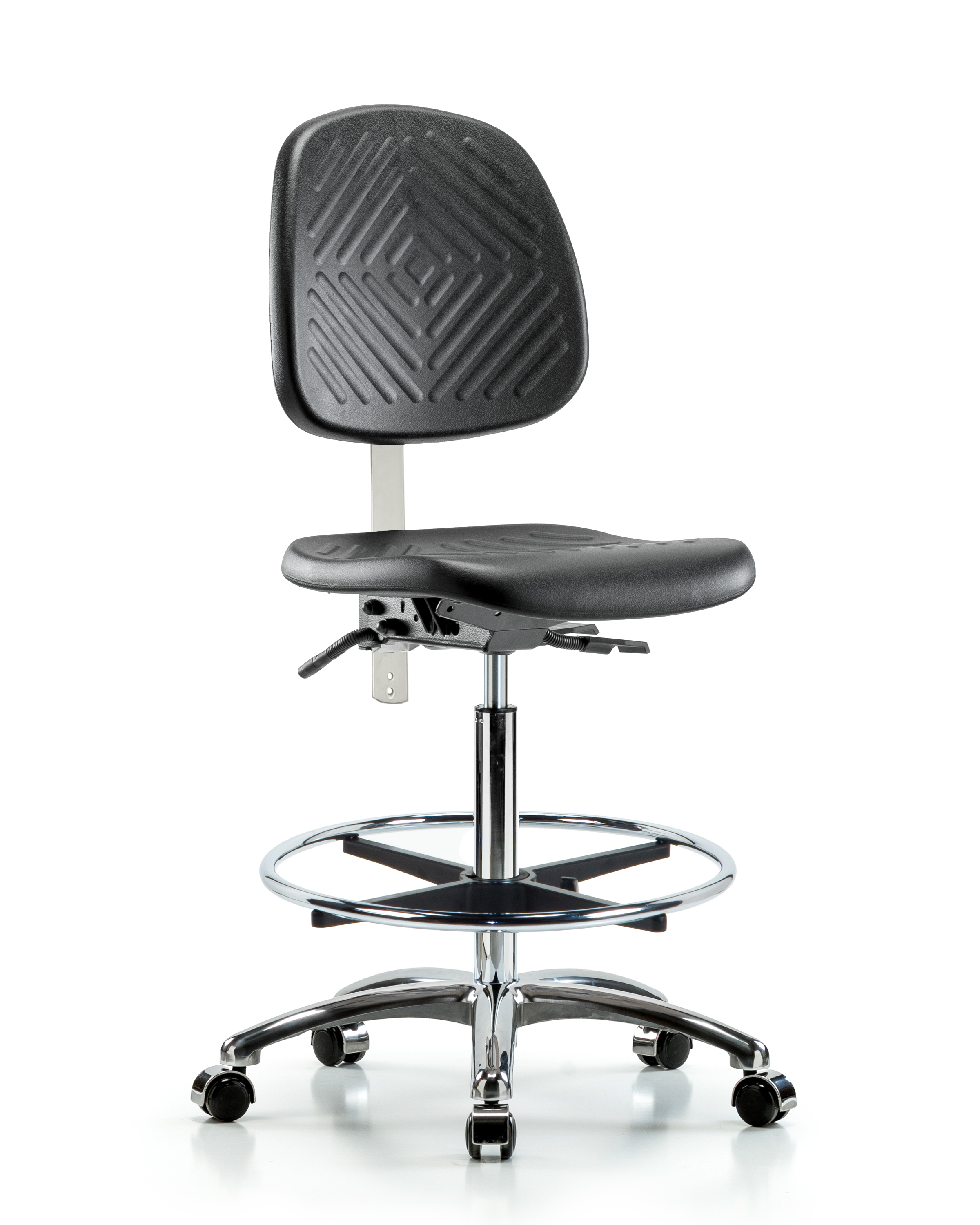 Class 100 Polyurethane Clean Room Chair - High Bench Height with Medium Back, Seat Tilt, Chrome Foot Ring, & Casters in Black Polyurethane