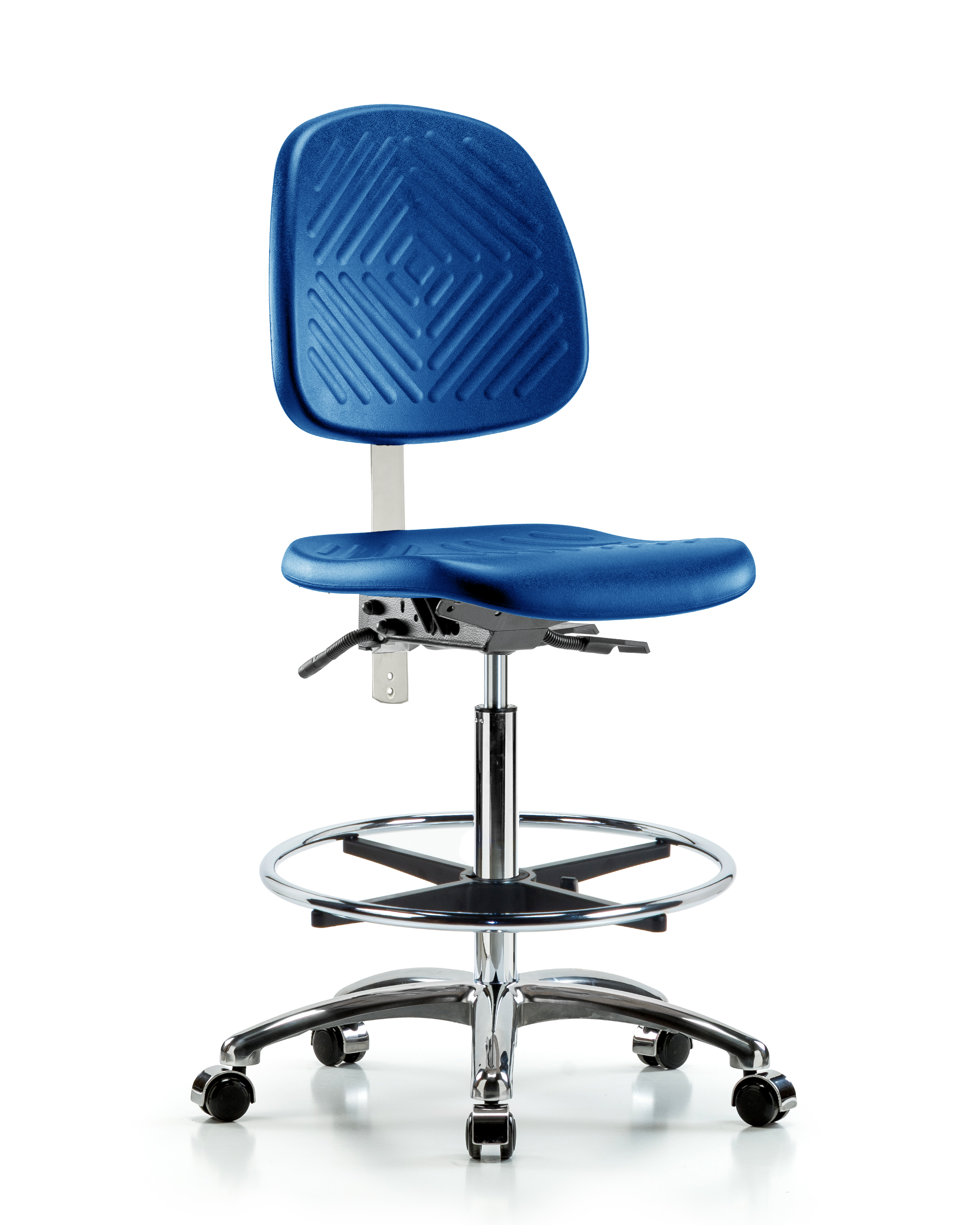 Class 100 Polyurethane Clean Room Chair - High Bench Height with Medium Back, Seat Tilt, Chrome Foot Ring, & Casters in Blue Polyurethane